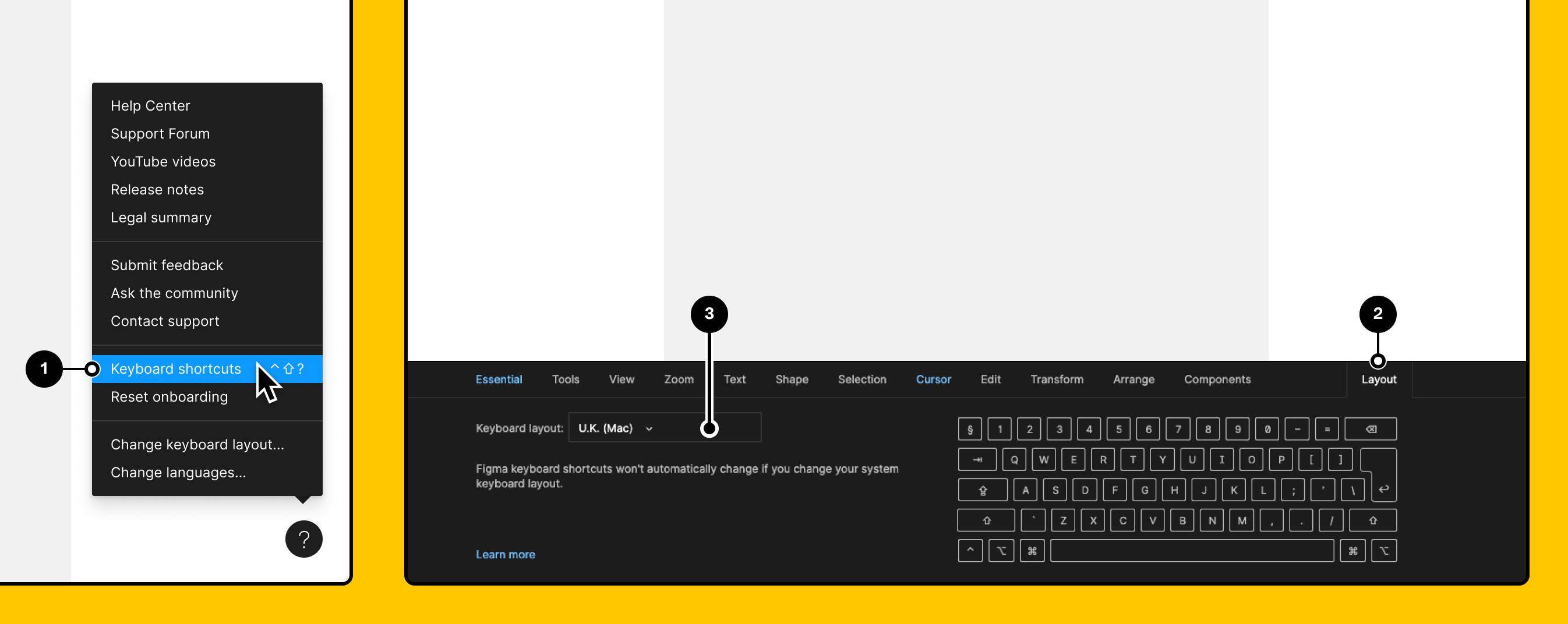 Keyboard shortcuts item in help meny with panel expanded