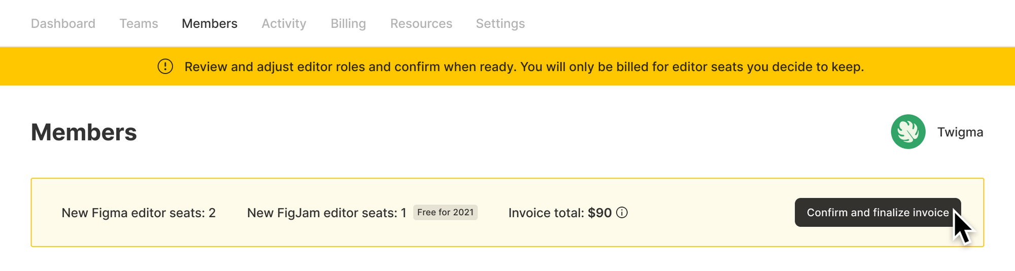 A screenshot of the Billing tab showing the button to confirm and finalize invoice