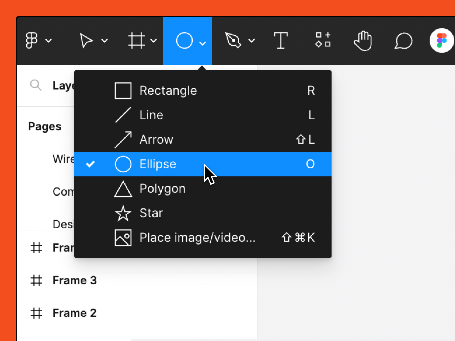 A Figma file. From the top tool bar, the Ellipses (circle) icon is selected.