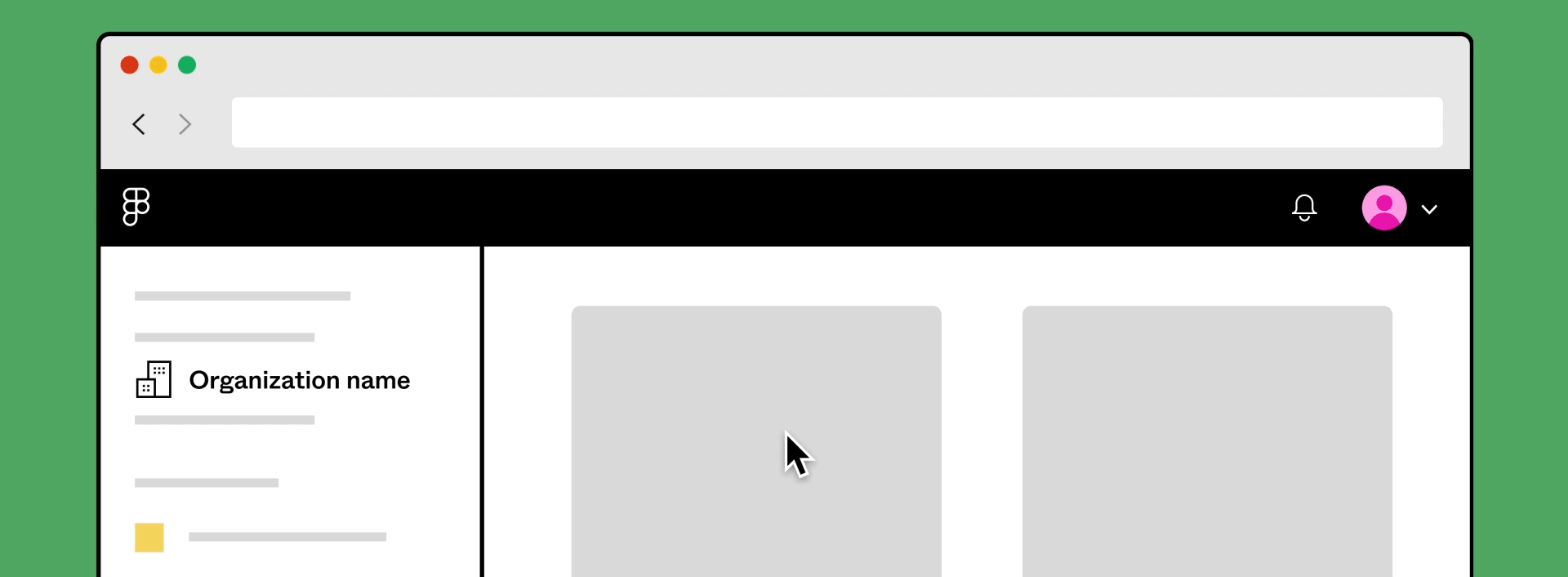 An animation showing someone clicking on the name of an organization in Figma in a web browser and then copying the associated URL. 