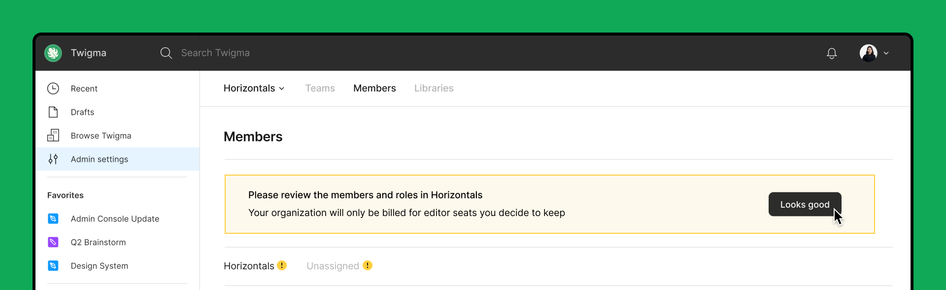 A screenshot of the Members tab in Admin setting with a banner to confirm the members of the workspace.