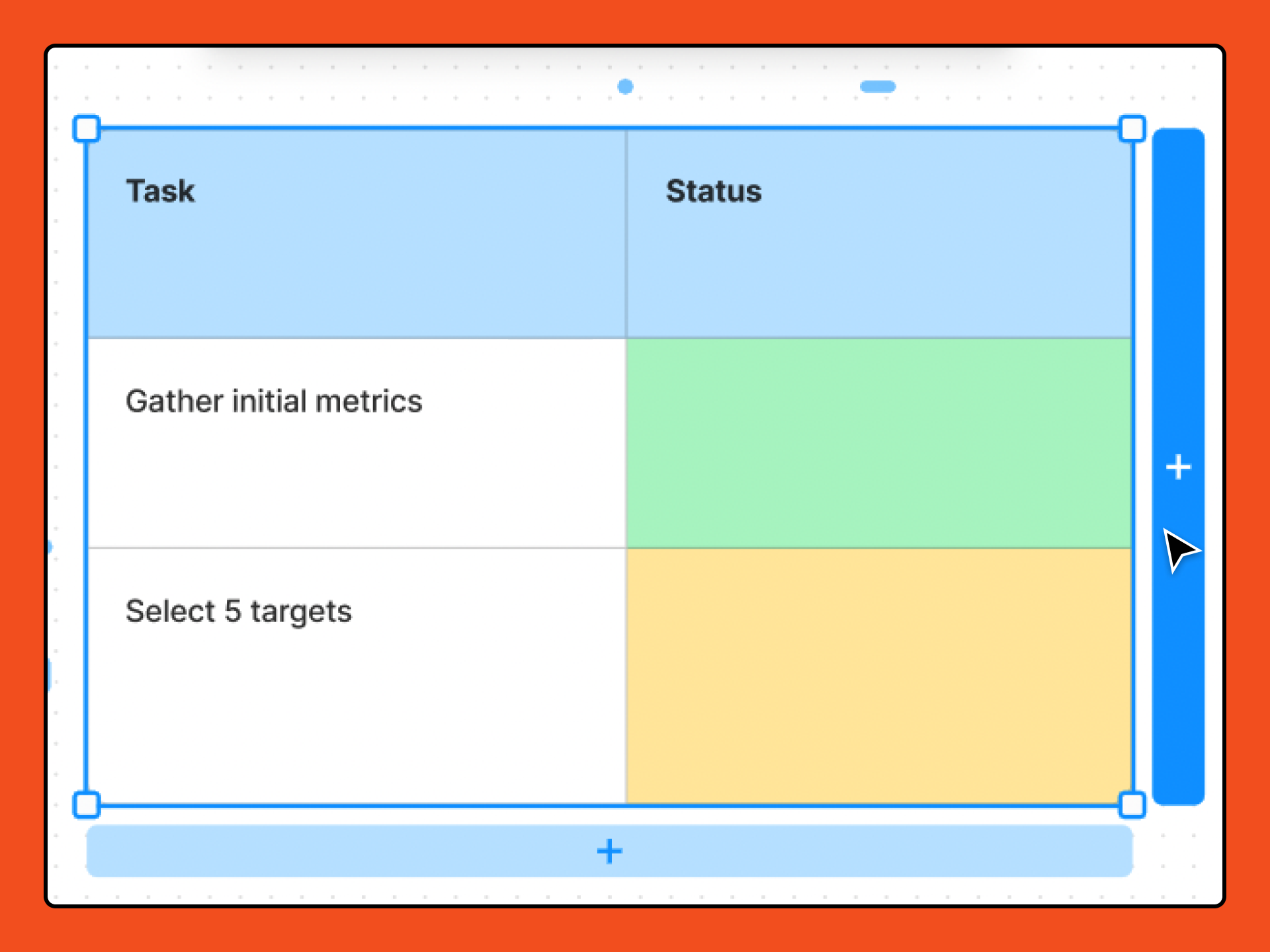 Table is selected, then mouse is hovering over blue bar directly to the right of the last column.