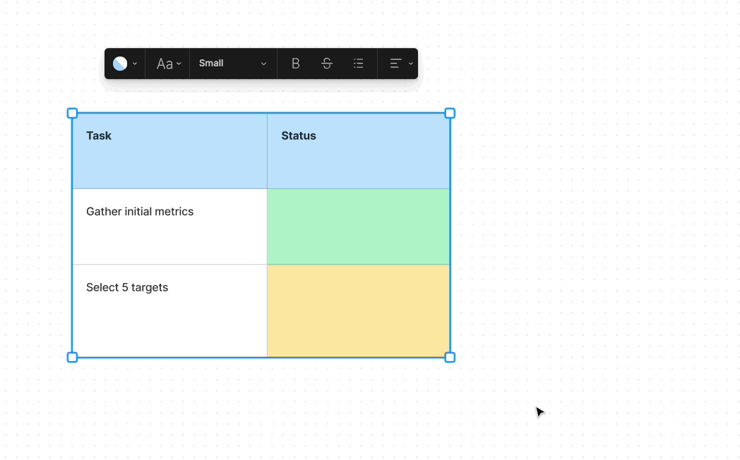 Table is selected, then mouse is hovering over blue dot above the table, at the border line of the column.