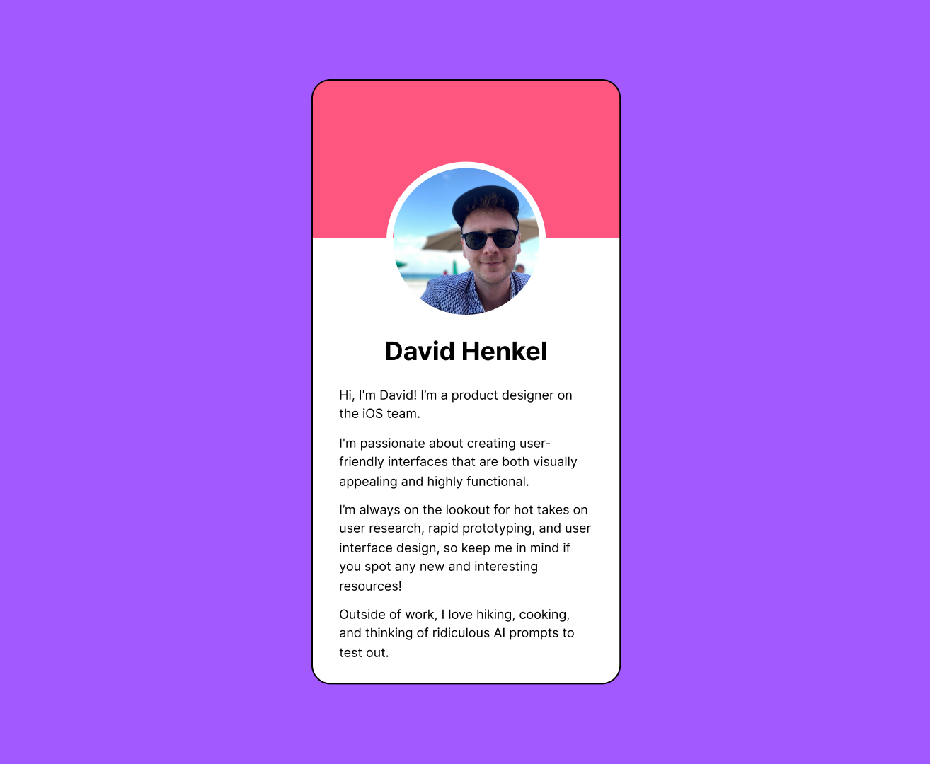 A complete rectangular profile card with an avatar, name, and description