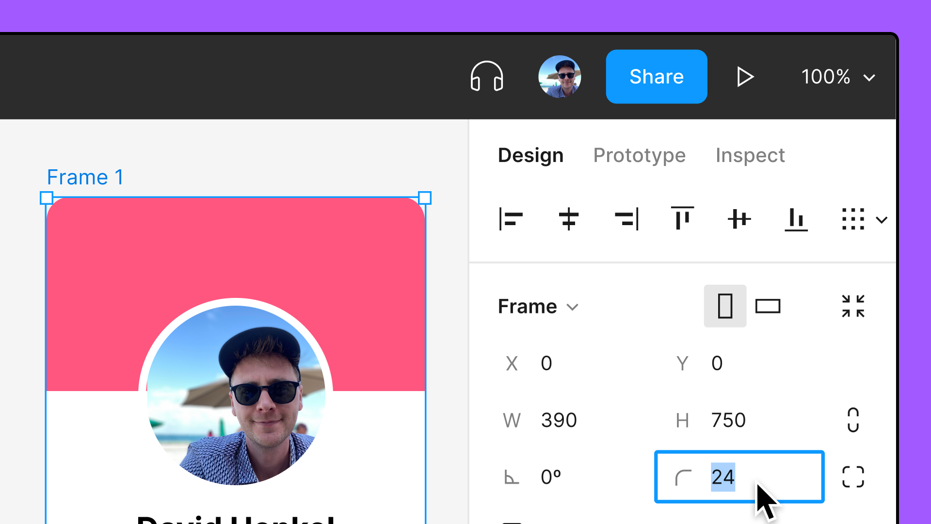 A screenshot of the corner radius property in the top section of the design panel.