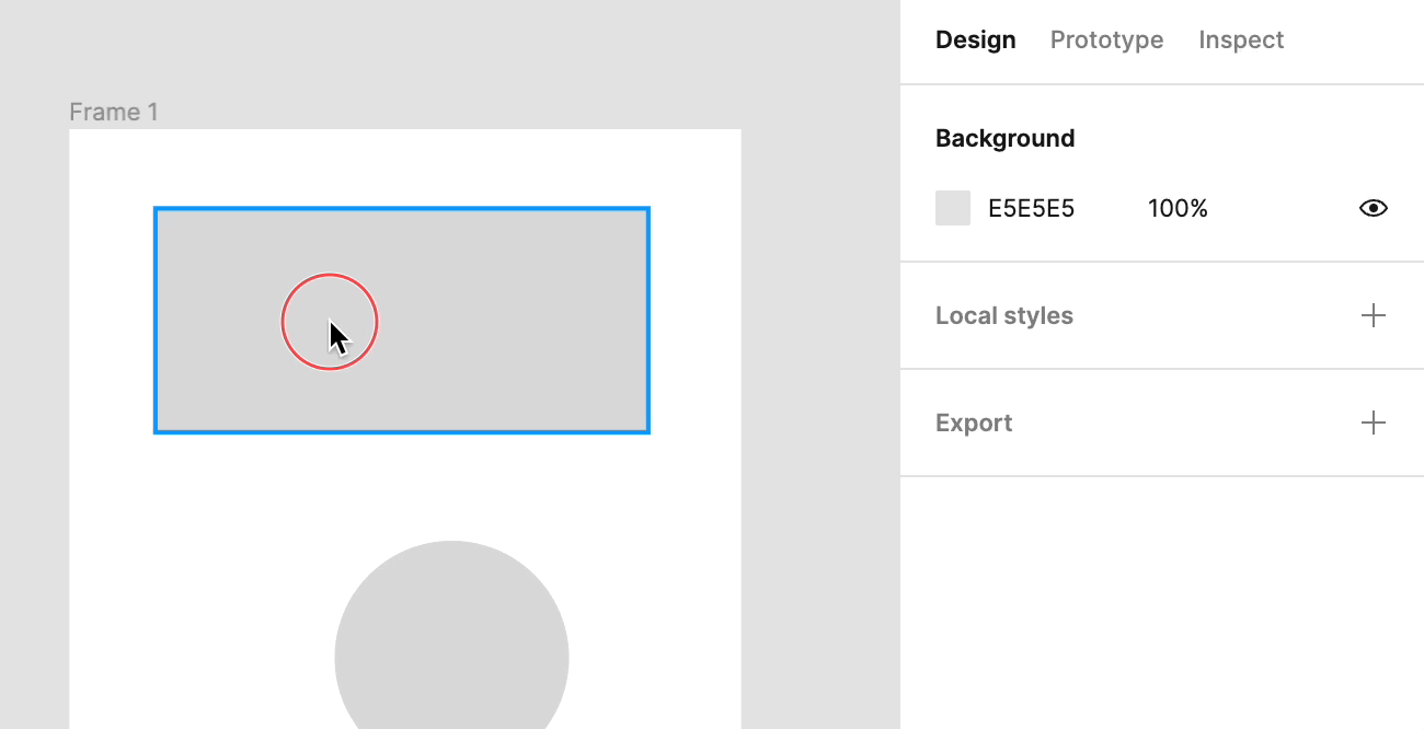 An animation showing the rectangle being dragged into the top left corner of the frame and then modifying the height and width in the right sidebar using number values