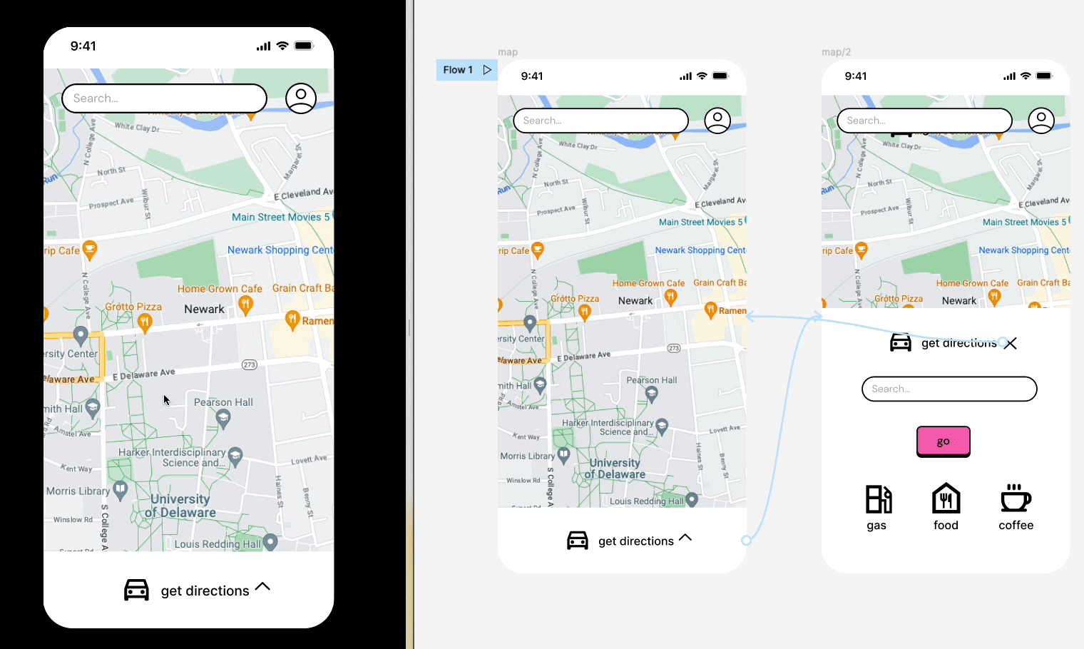 A prototype showing a map. A user scrolls to a location. When the prototype navigates to the next frame, the matching map object is scrolled to the same location.