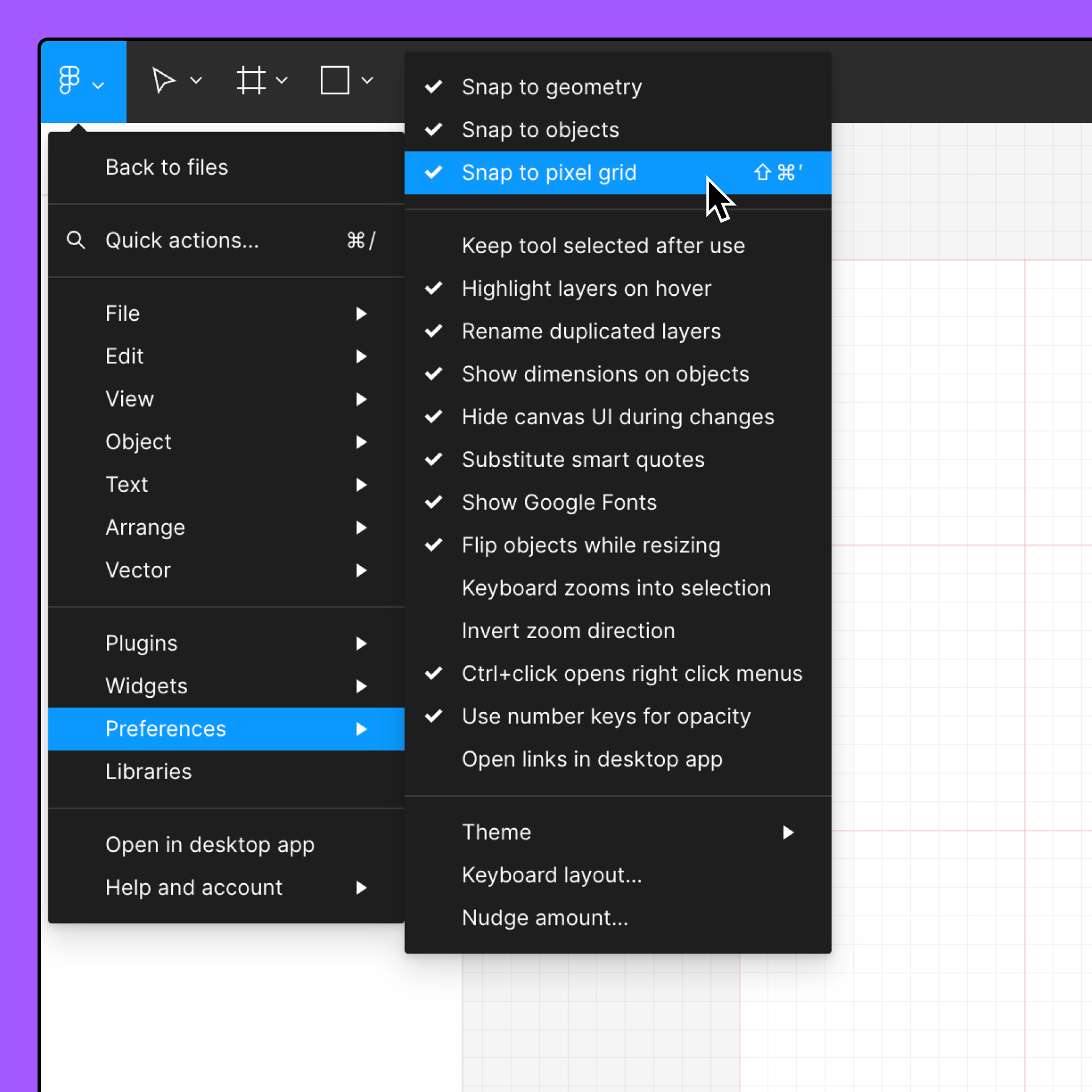 an image showing the snap to pixel grid setting in Figma