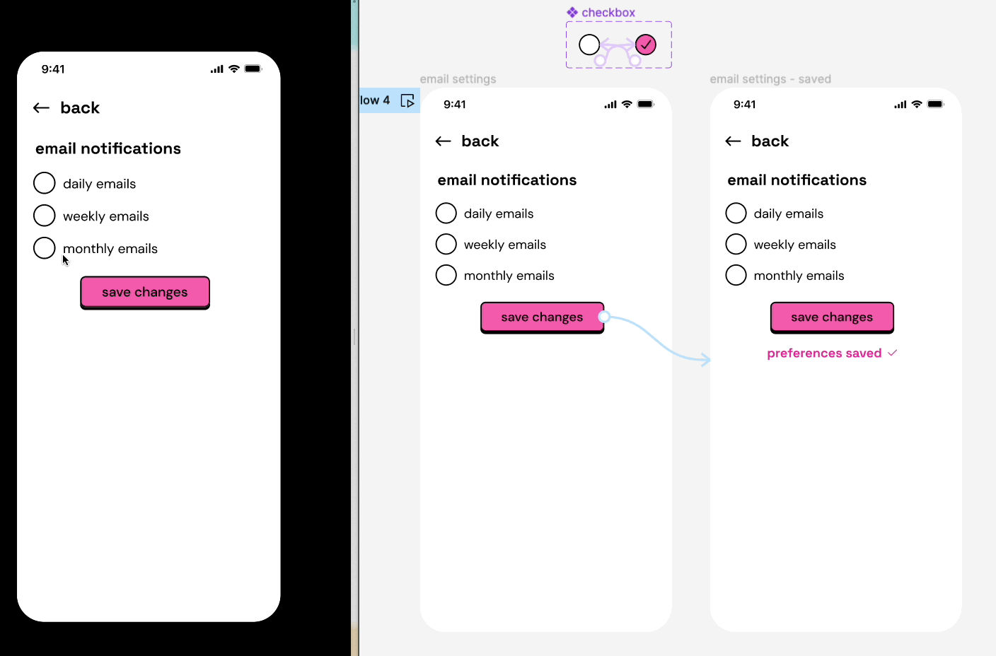 A prototype showing an email settings page. A few settings are checked off. When the prototype navigates to the next frame, the matching interactive components are also checked off.