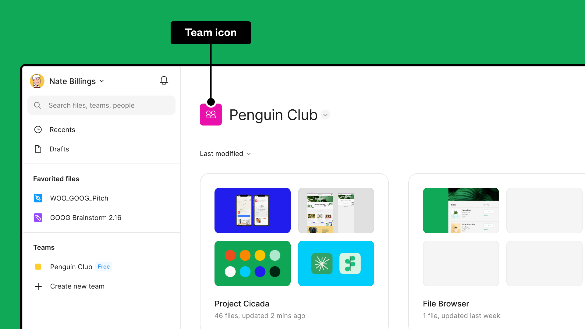 A screenshot of Figma's team page drawing attention to the team icon that sits next to the team name