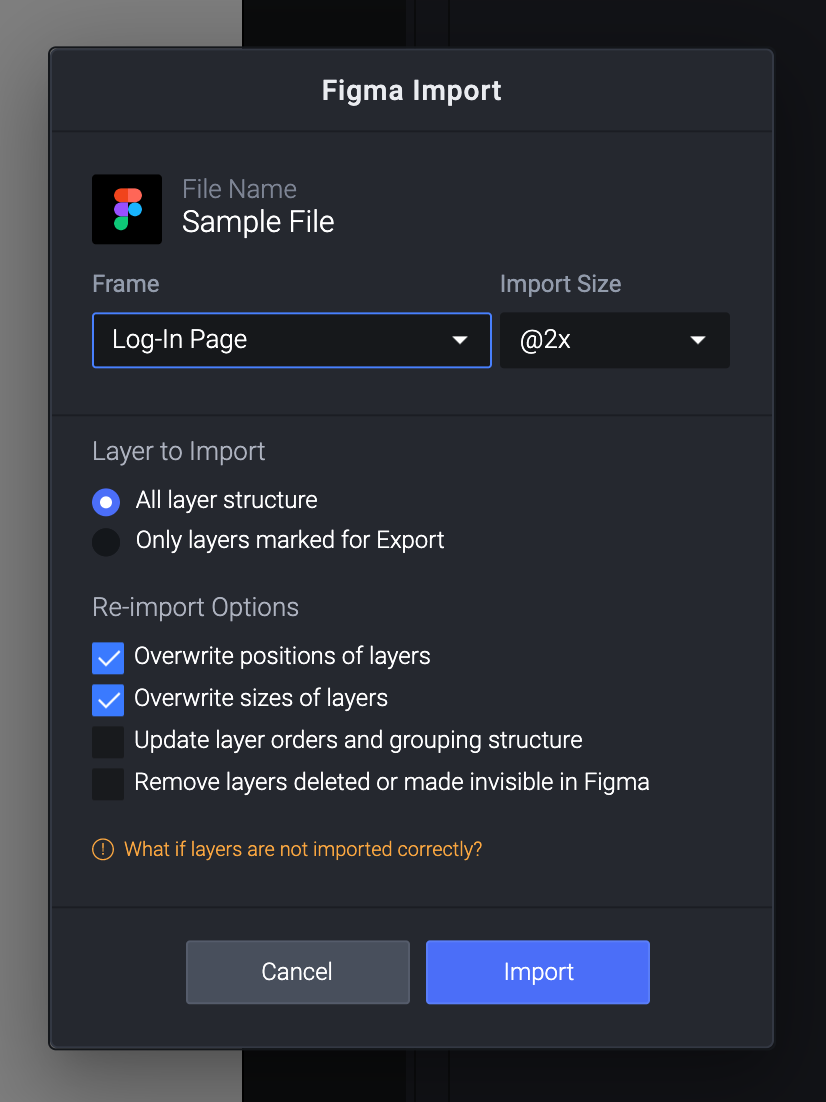 Setting import options in the ProtoPie import modal