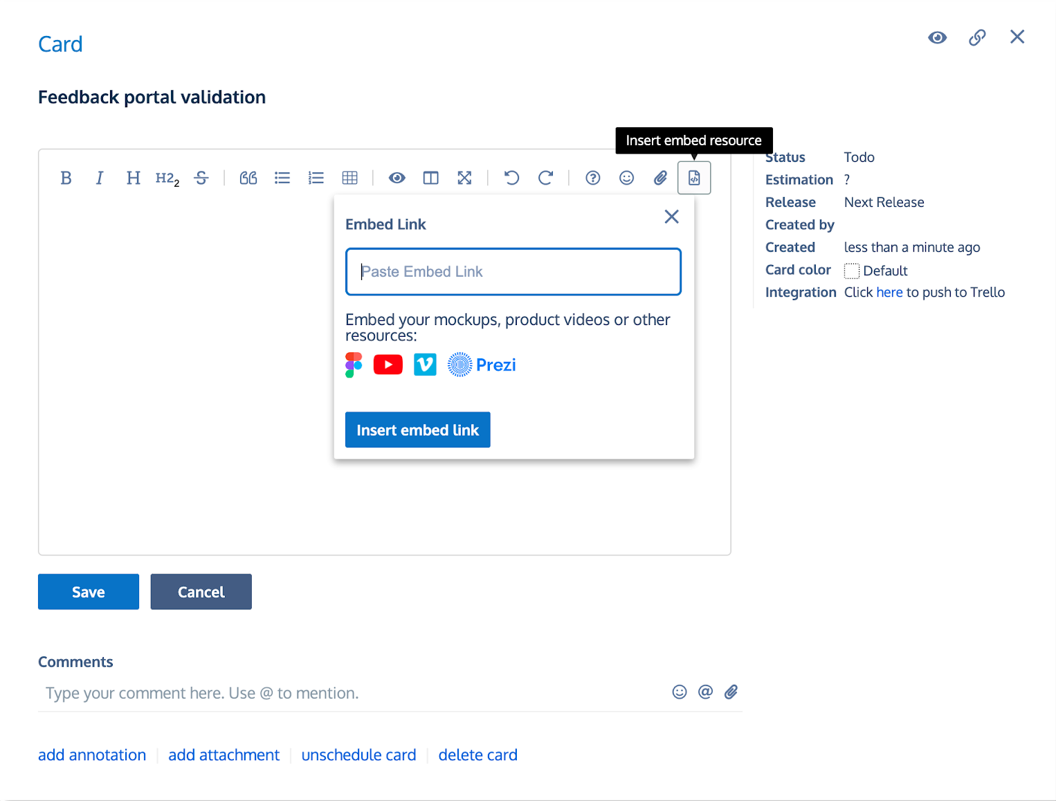 Embed Resource section of card description