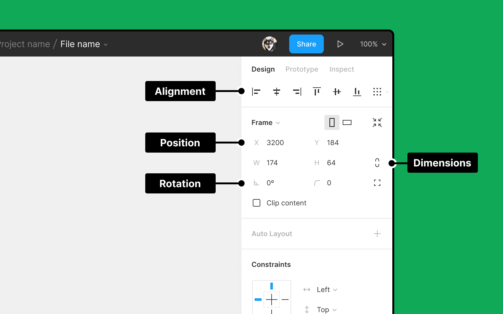 The right sidebar with the alignment, position, dimensions, and rotation fields identified