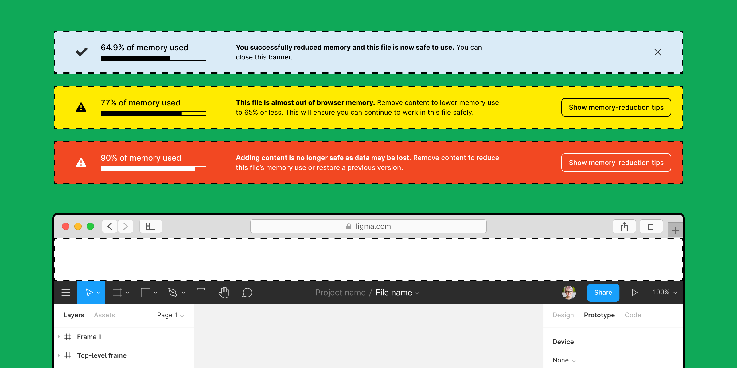 Illustration of the editor in Figma will three variations of banners that you will see depending on your current memory usage