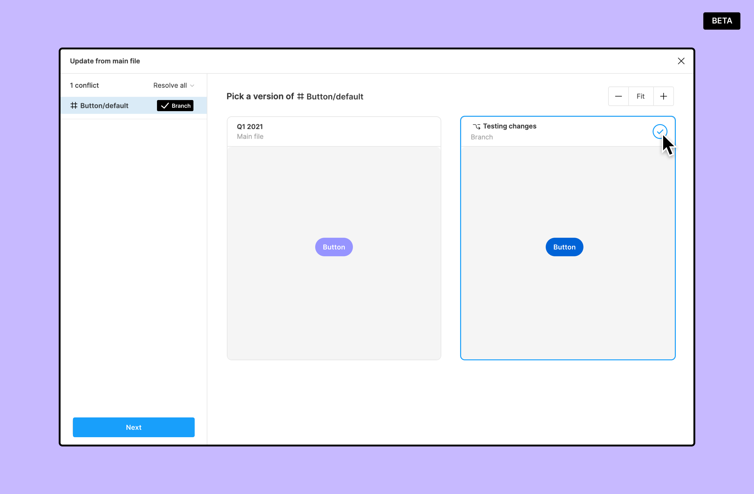 Update from main file modal which shows two versions of the same component side by sidee. The cursor is hovering over the version in the branch which has been selected