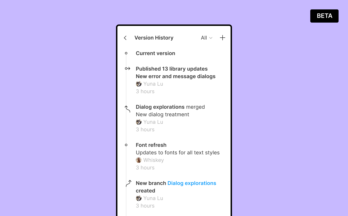 A file's version history in the right sidebar showing a new branch being created and merged