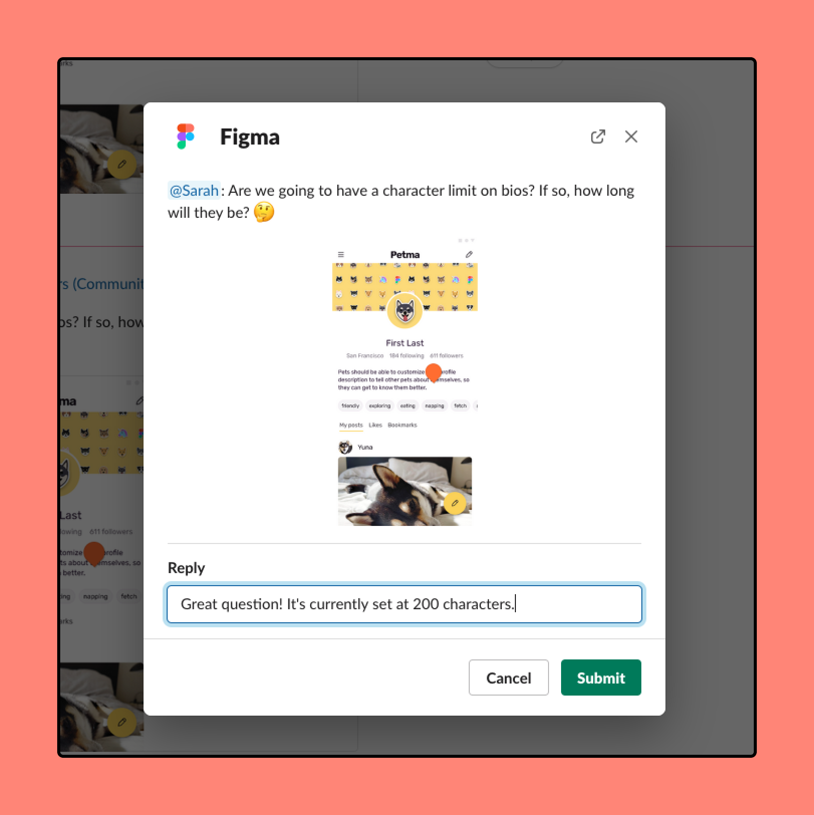 Reply modal for Figma comment in Slack