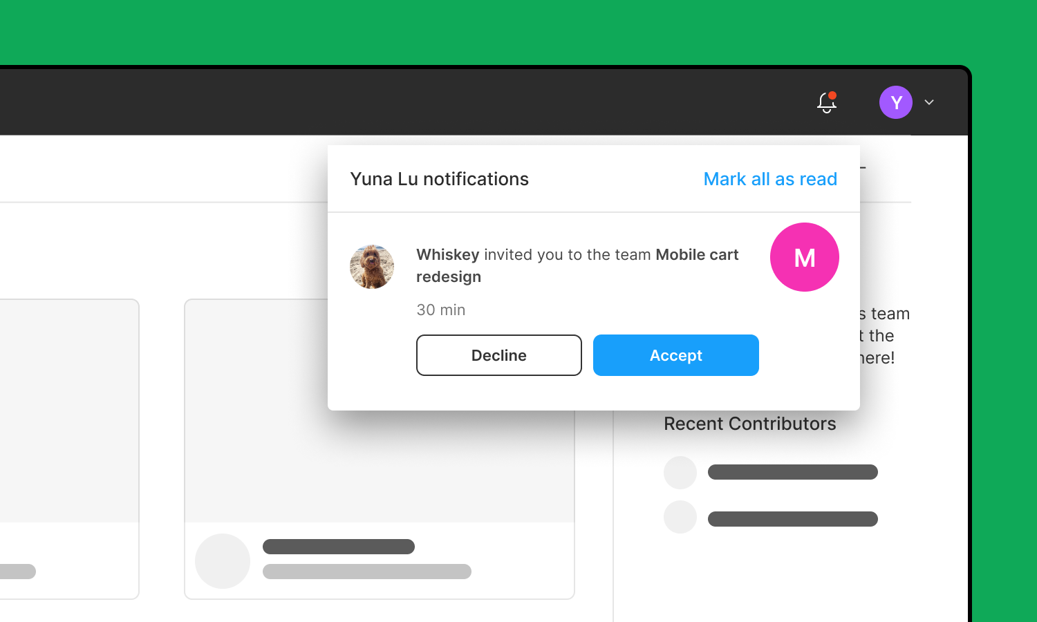 Notification in Figma that the user has been invited to join a team. There are two buttons: decline and accept