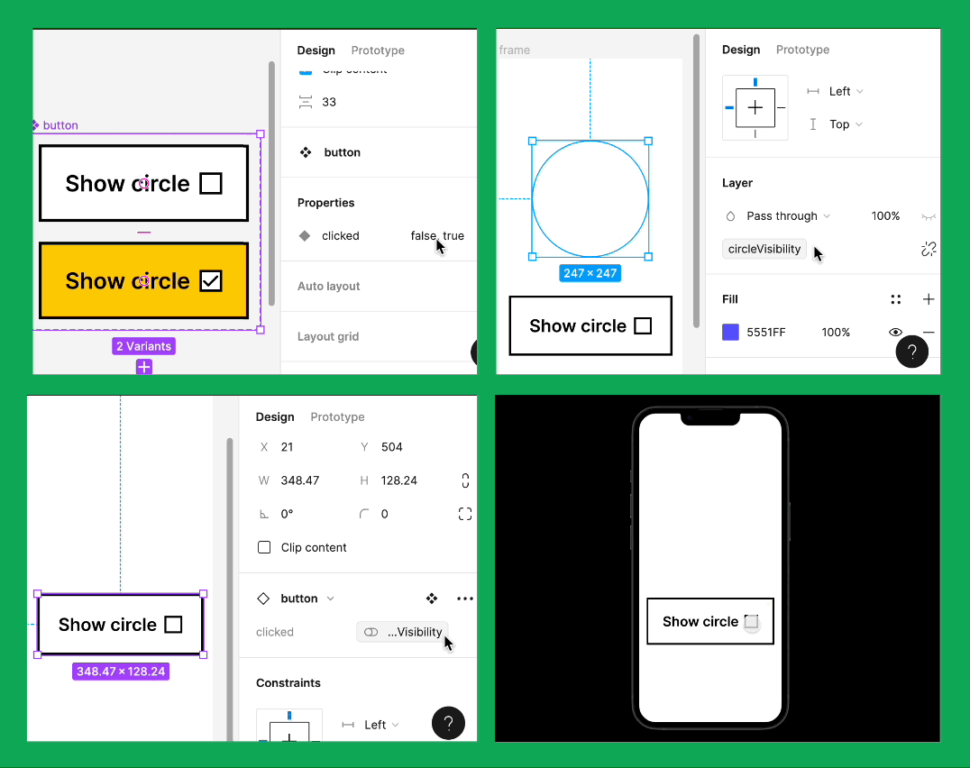 Screenshot 1: An interactive component of a button, with a Clicked variant property with true and false values. Screenshot 2: A circle placed on a frame, with the layer visibility bound to a circleVisibility boolean variable. Screenshot 3: An instance of the button on the same frame, with the circleVisibility boolean variable bound to the variant property. Screenshot 4: A GIF of the prototype in action. When the button is clicked, the circle's visibility toggles on and off.