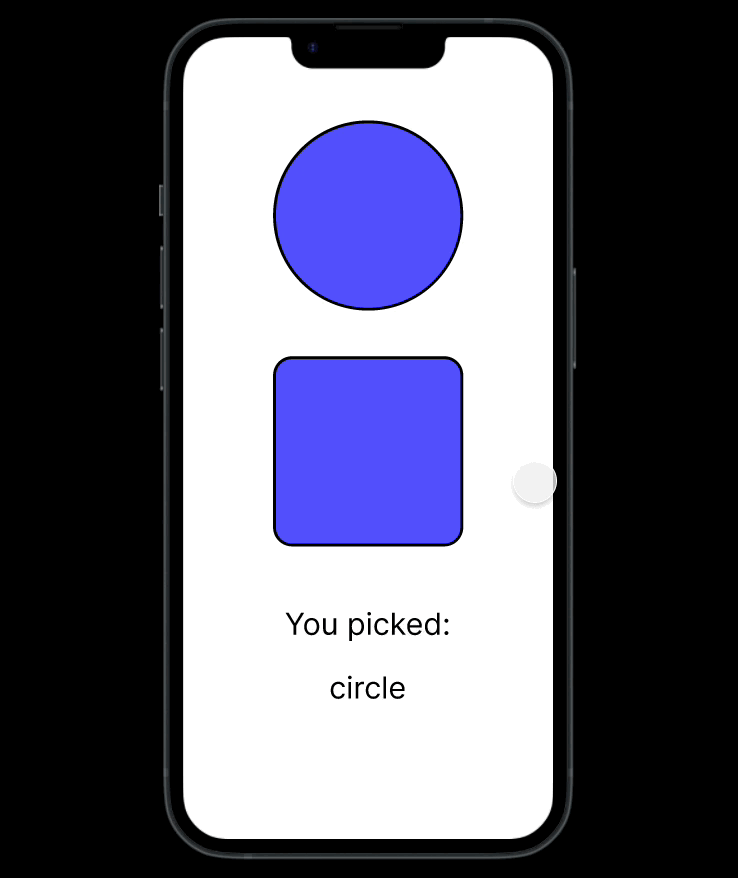 The ellipse object is selected. From the Prototype tab, and interaction has been created, with an On Tap trigger and a Set Variable action. The shapeName variable is being set to Circle.
