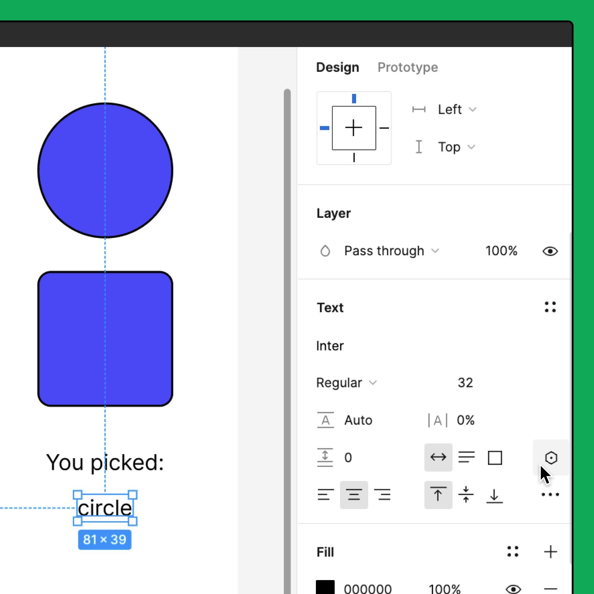 A frame with an ellipse object, a square object, a text layer that says YOU PICKED and a selected text layer that says CIRCLE. With the second text layer selected, the mouse is hovering over the Apply variable icon from the Text section of the right sidebar.