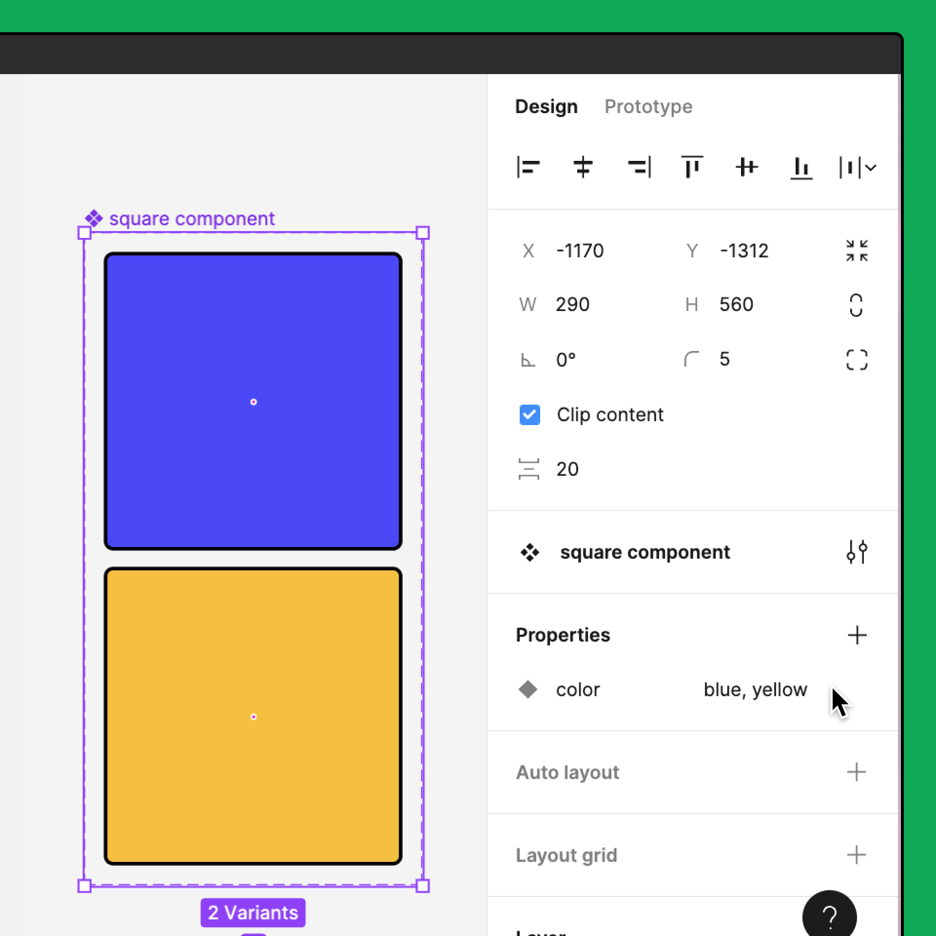 A component set with two variants, a blue square and a yellow square. From the Properties section of the right sidebar, the variant property is named Color, and has two values: blue and yellow