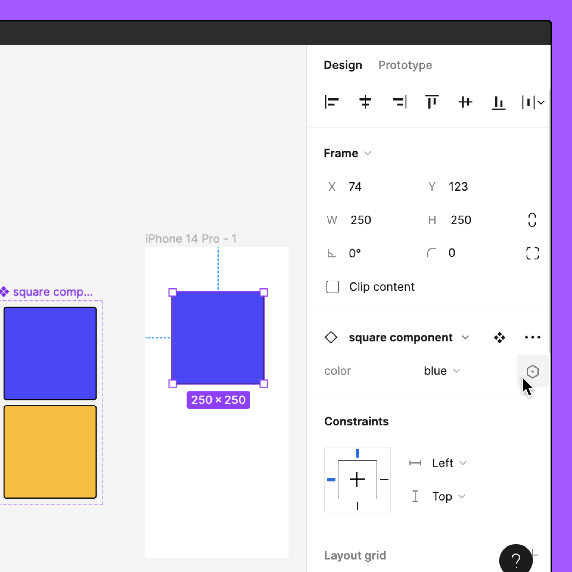 An istance of the blue variant is placed on a frame. With the instance selected, the mouse is hovering over the Apply Variable icon from the variant properties section of the right sidebar.