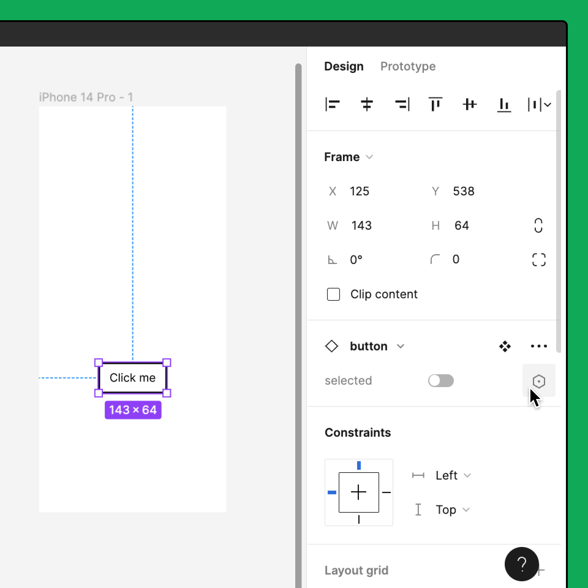 An instance of the false variant is placed on a frame. With the instance selected, the mouse is hovering over the Apply Variable icon from the variant properties section of the right sidebar.