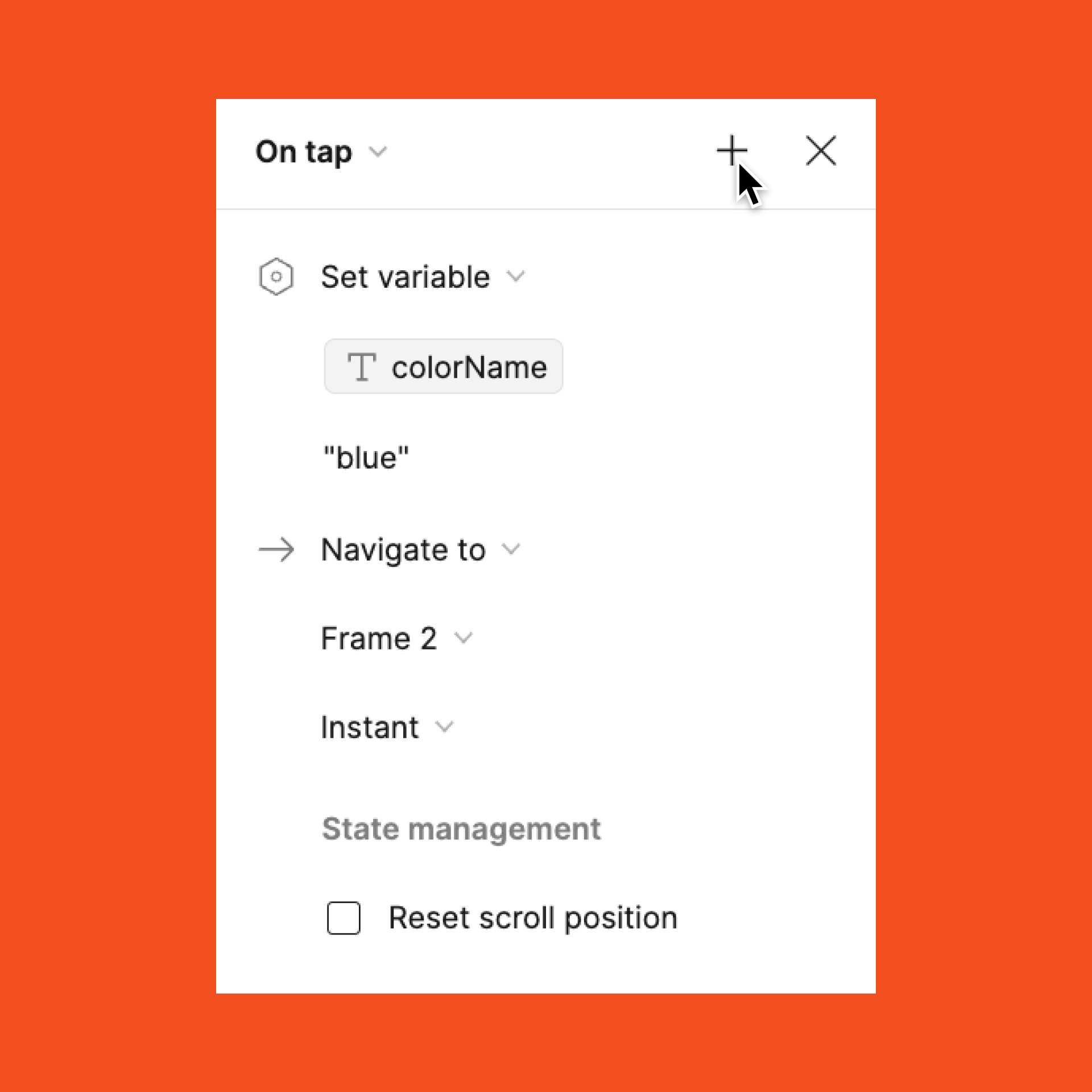 An prototype Interaction Details modal. There are two actions listed, and the mouse is hovering over the plus icon at the top of the modal.