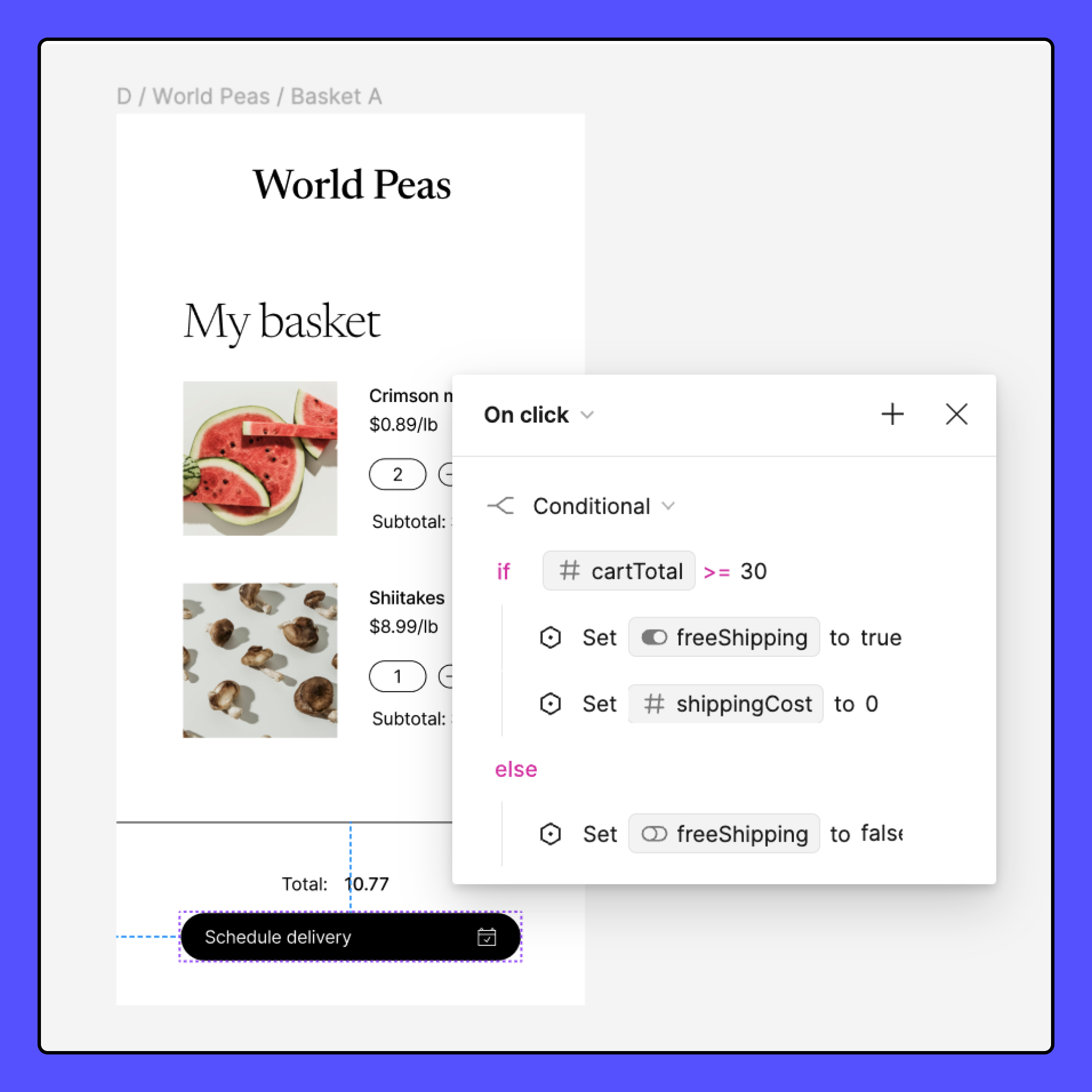 A checkout cart design with a prototype interaction on the checkout button. The conditional states: if cartTotal > 30, set freeShipping to true. Else, set freeShipping to false.