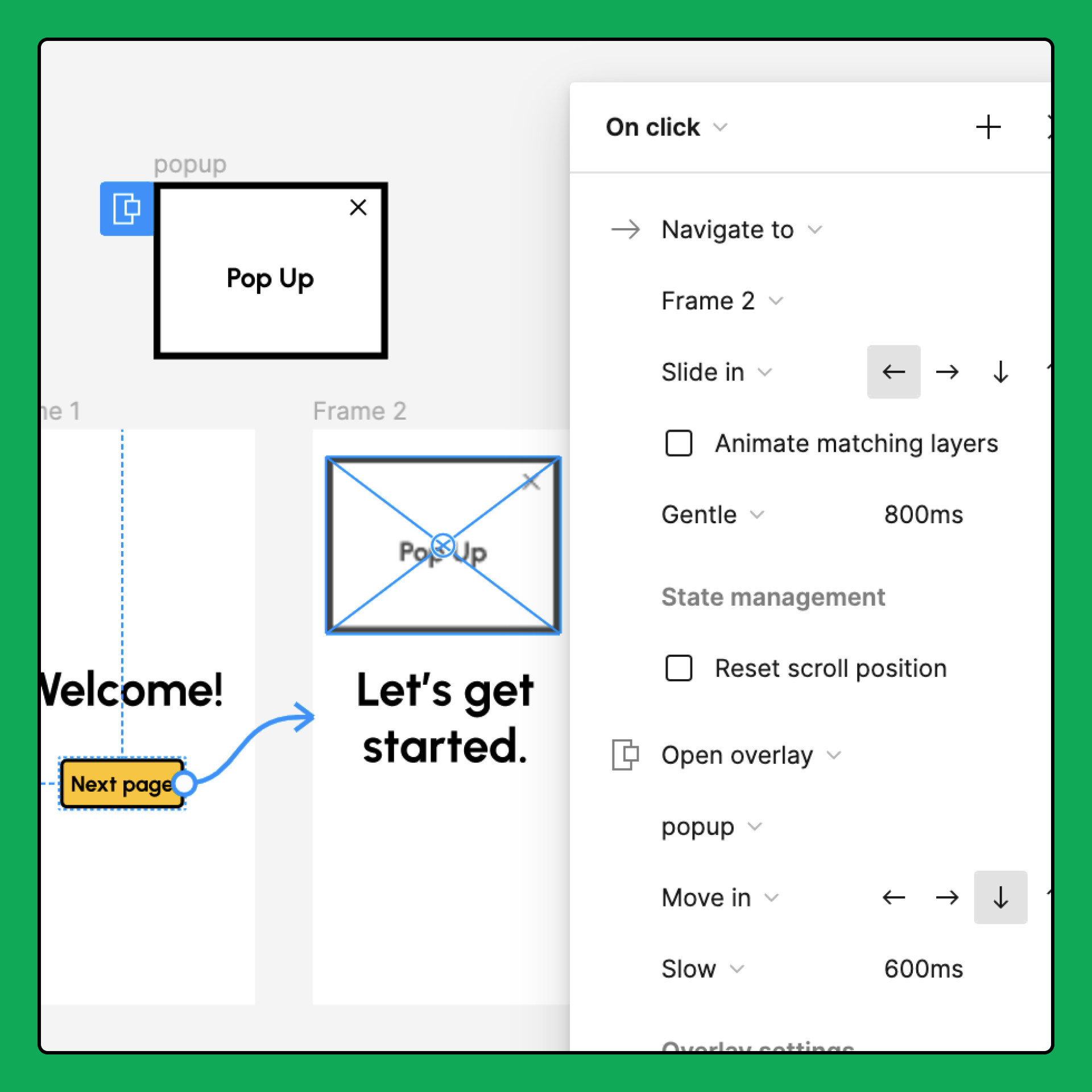 An interaction with two actions. The first action navigates to frame 2 and has a slide in animation, the second action opens an overlay with a move in animation.