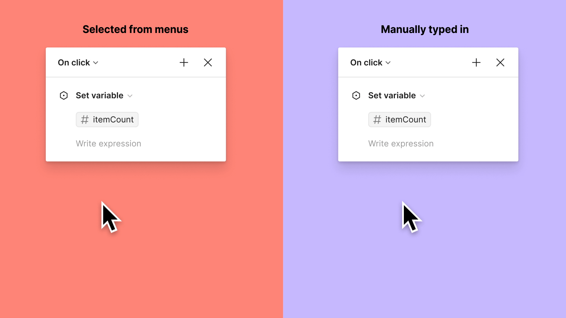1. Interaction details modal. User clicks suggested variables and operators from the dropdown to build an expression. 2. Interaction details modal. User manually types in variables and operators to build an expression.