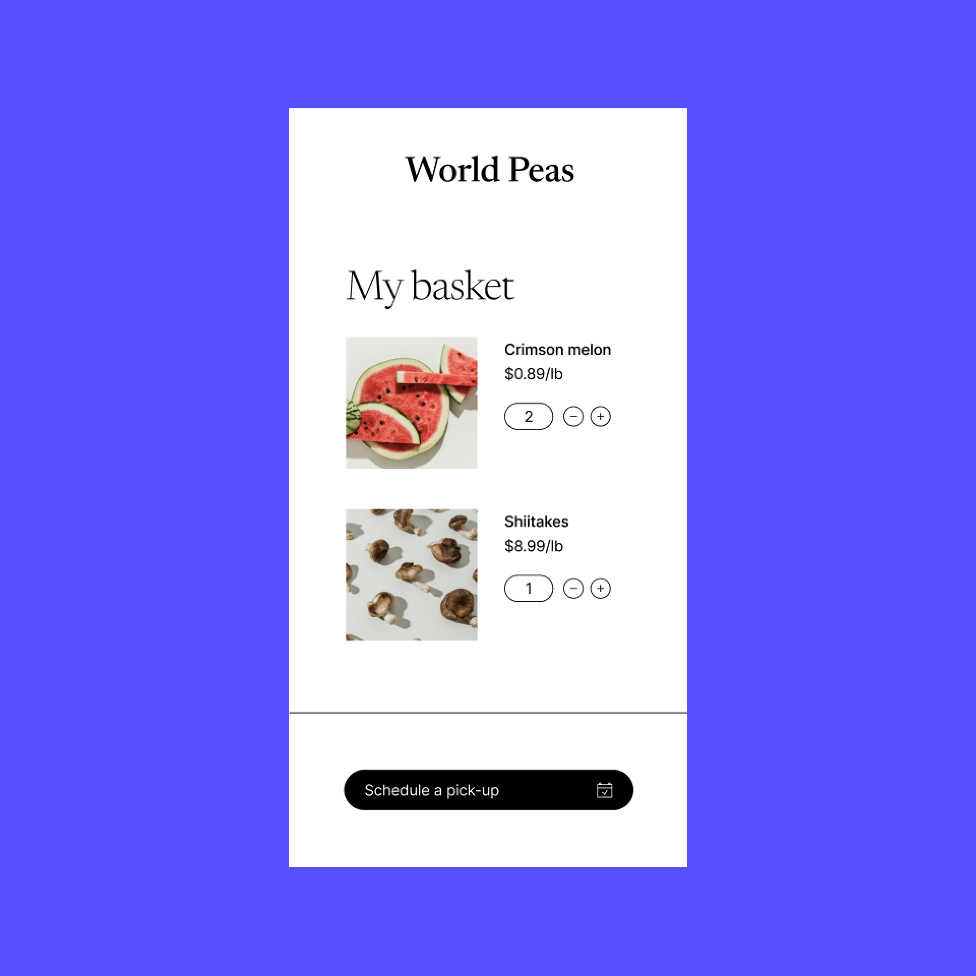 A checkout page design. There are two products listed, melons and shiitake mushrooms.