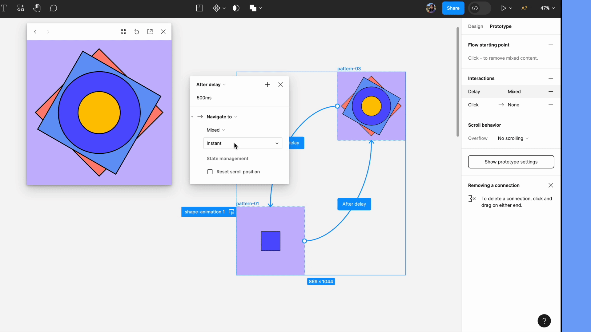 A user adjusts a prototype connections animation on canvas with inline preview open, seeing the inline preview change in real time.