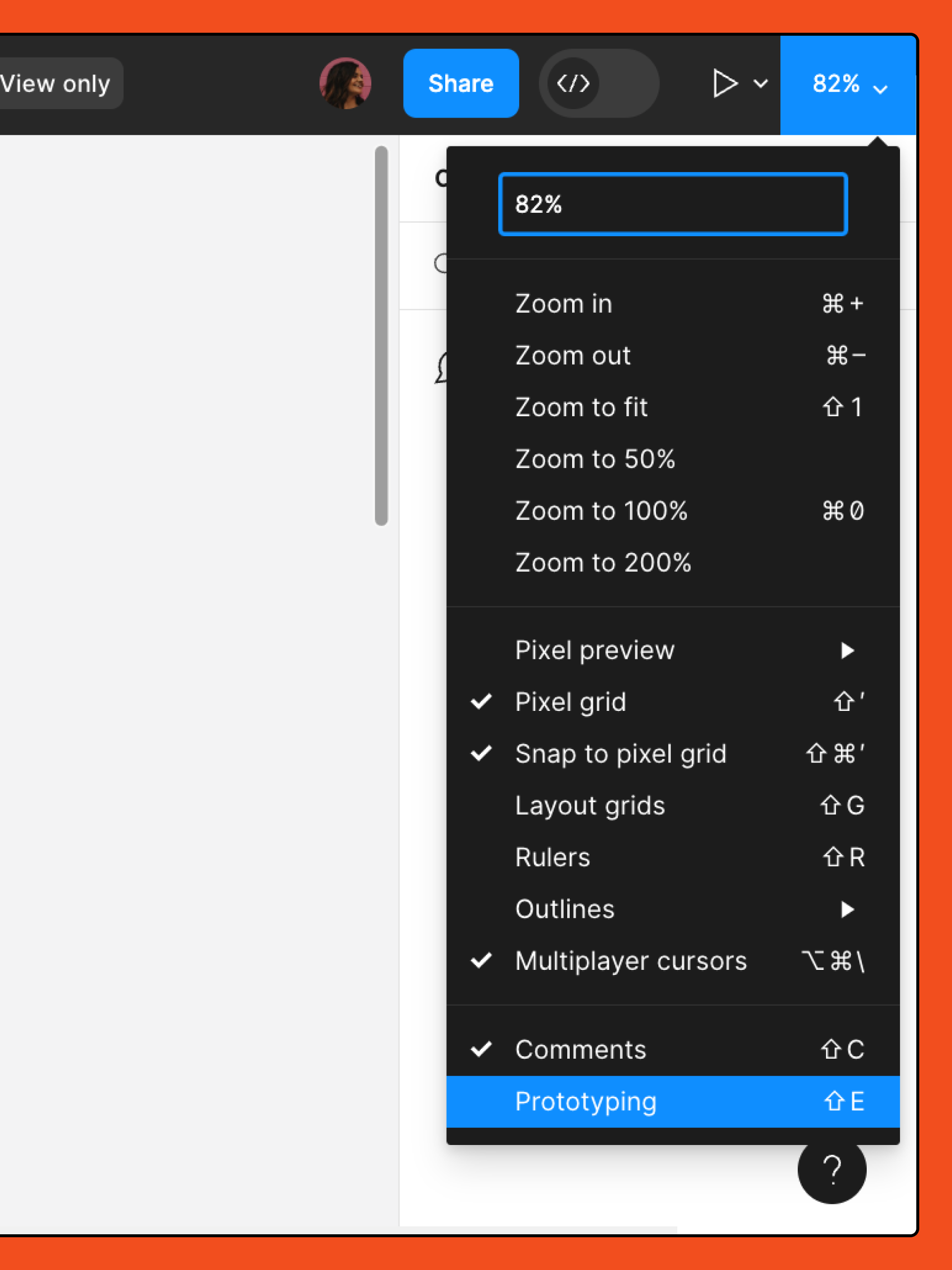 A dropdown menu from the zoom/view options on Figma canvas.