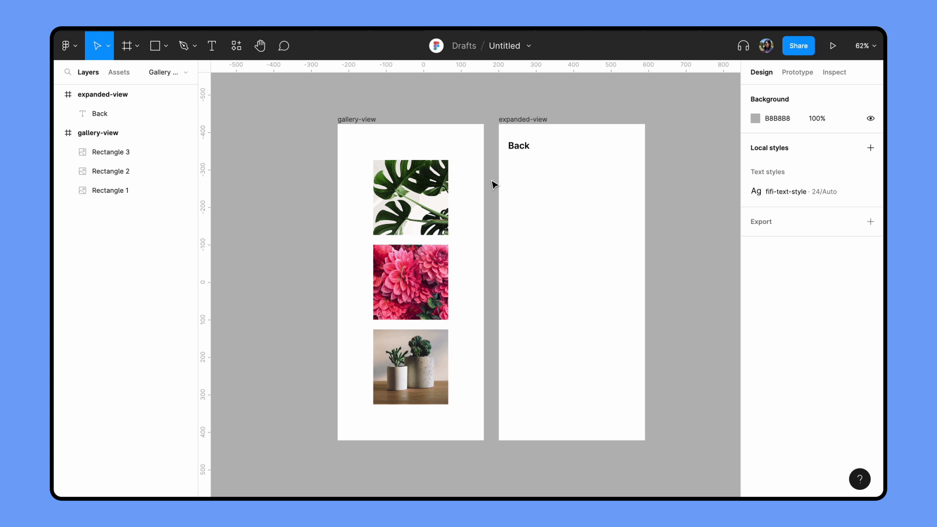 User clicks Rectangle tool, adds a rectangle to frame, and resizes it.