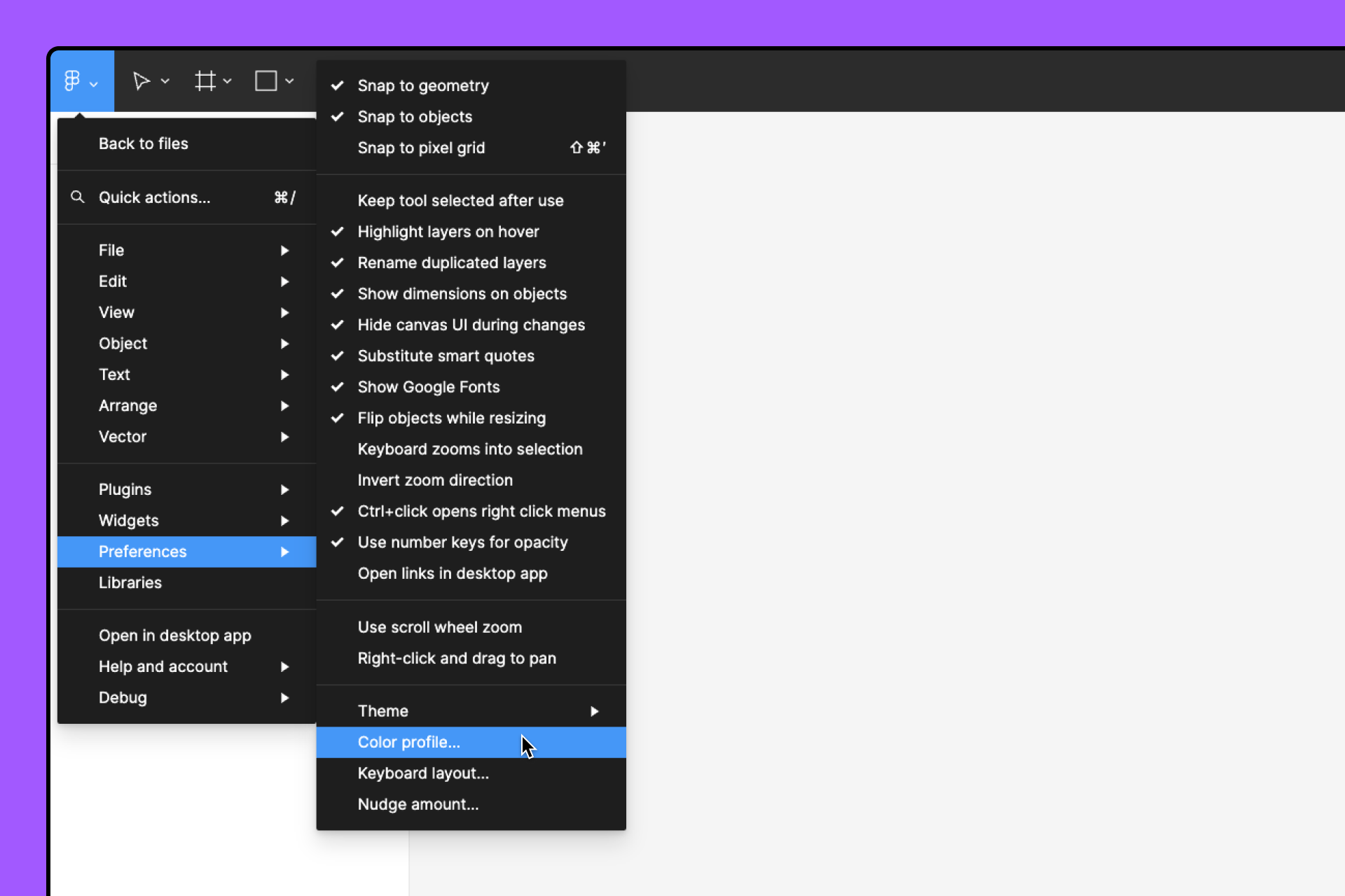 figma menu open to preferences, cursor hovering over color profile option from menu