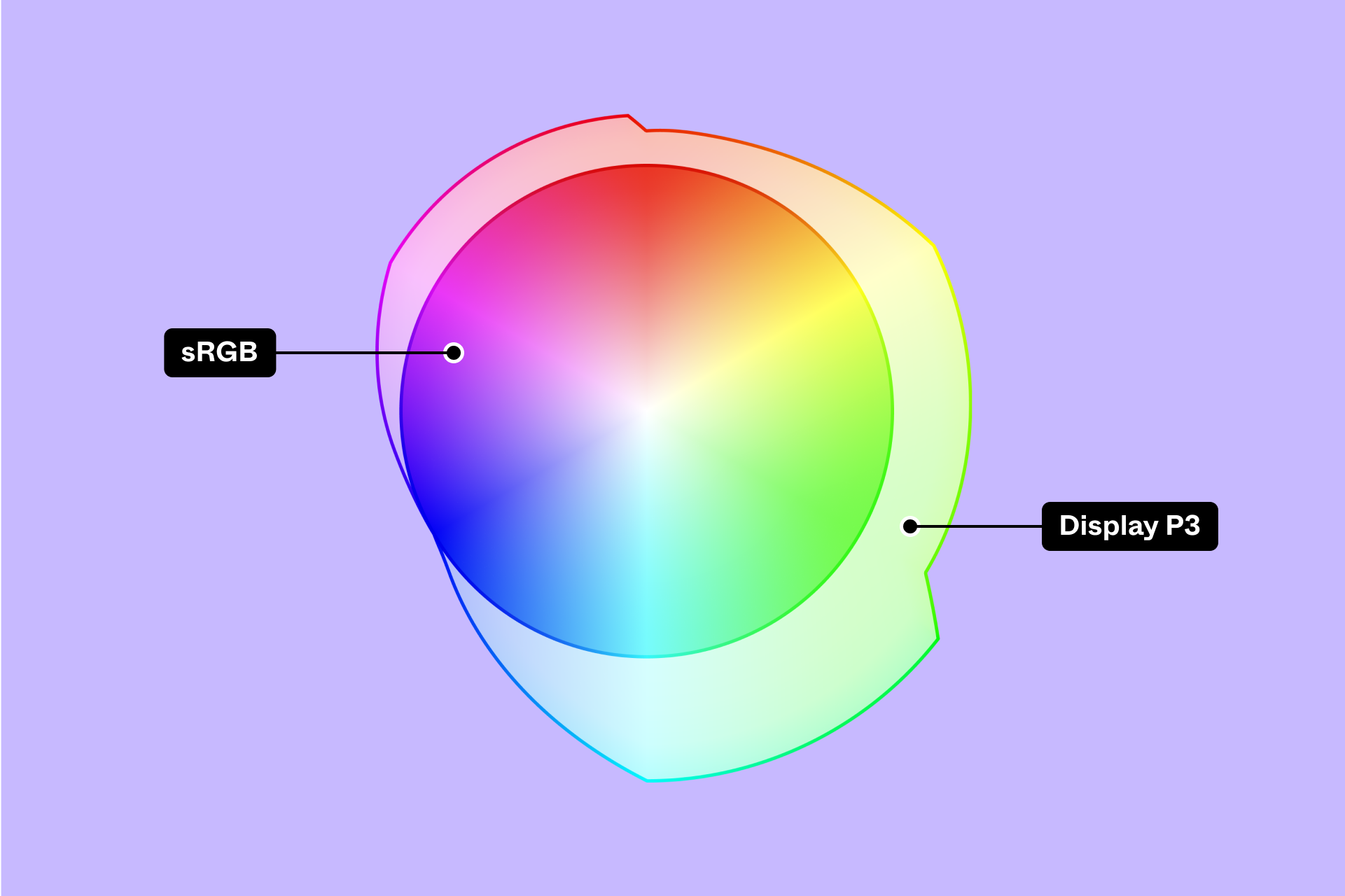 a graph showing the color gamuts of sRGB and Display P3, inner circle labelled sRGB, outer circle labeled Display P3 