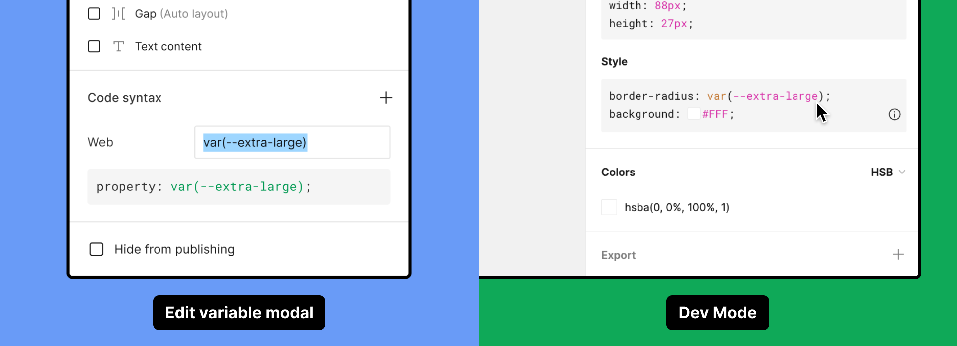 Edit variable modal on the left with cursor highlighting web code syntax. Dev Mode inspect panel on the right with cursor near the syntax in the Style section.