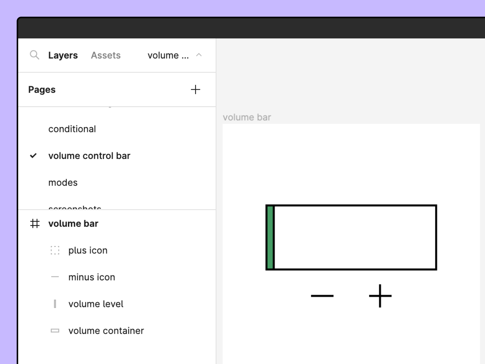 A frame with a design of a volume control bar, consisting of two rectangle objects, a plus sign, and a minus sign.