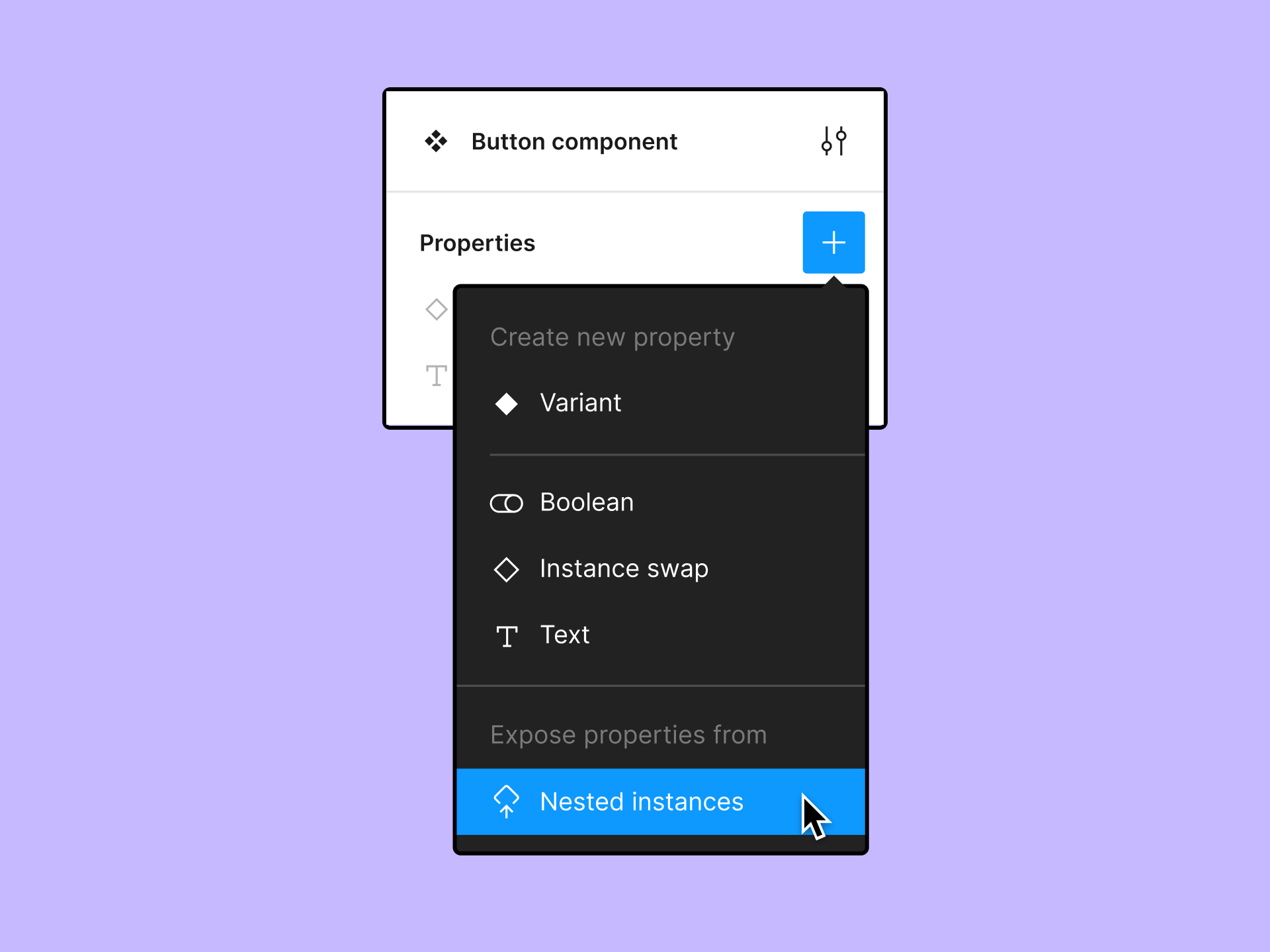 dropdown options on a component to choose properties