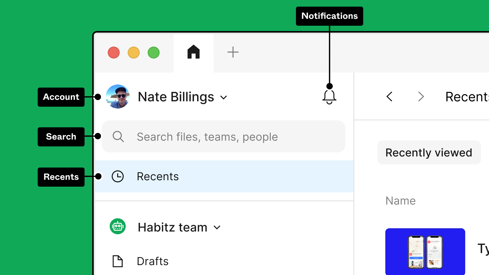 A screenshot of the top-left corner of the file browser on the starter plan with annotations pointing at the account, search, recents, drafts and notifications entry points.