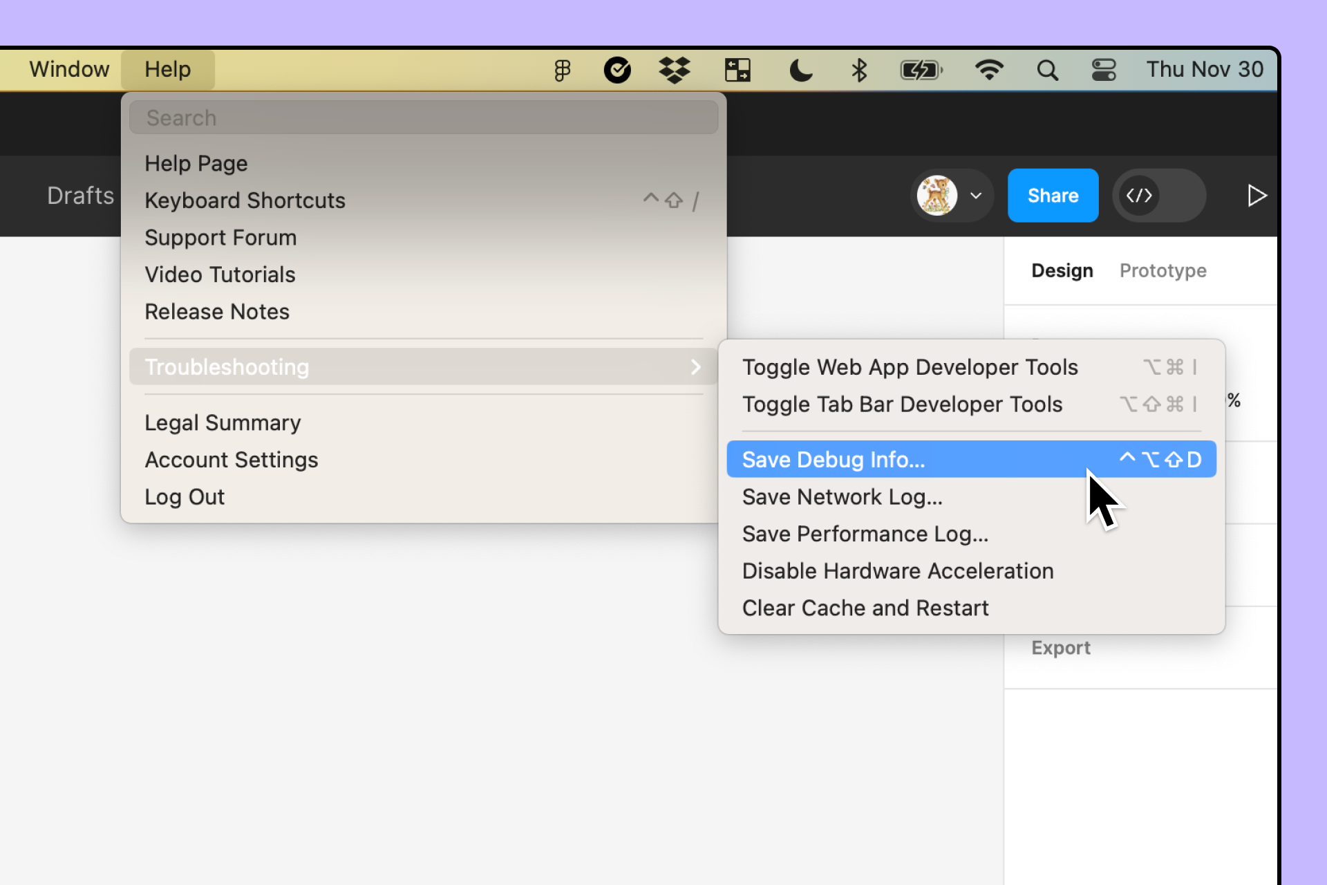 La configuración para obtener el registro de depuración en macOS