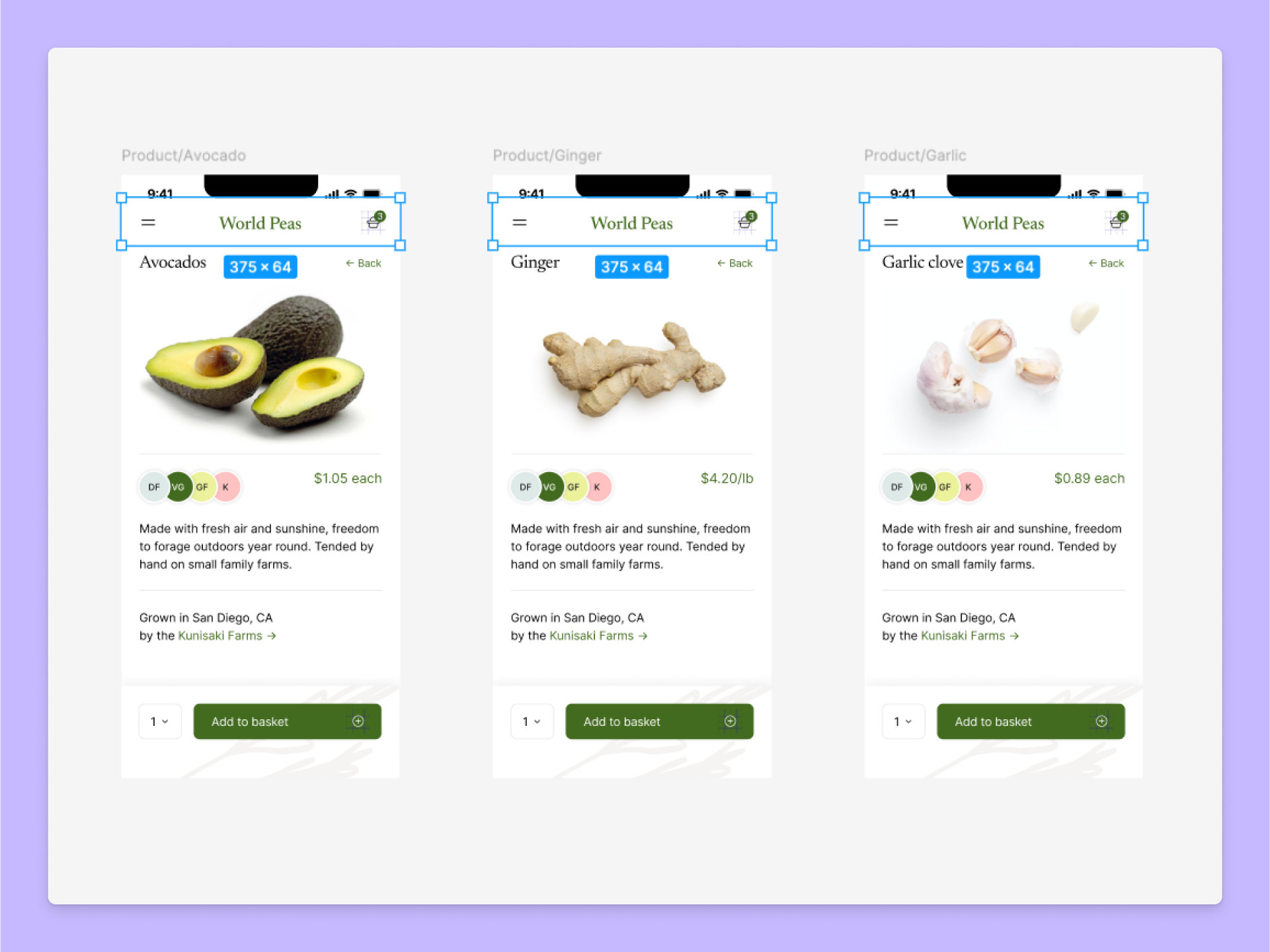Three different frames, depicting checkout cart designs. Across the top of each frame is the same header with a navigation menu and a checkout cart icon.
