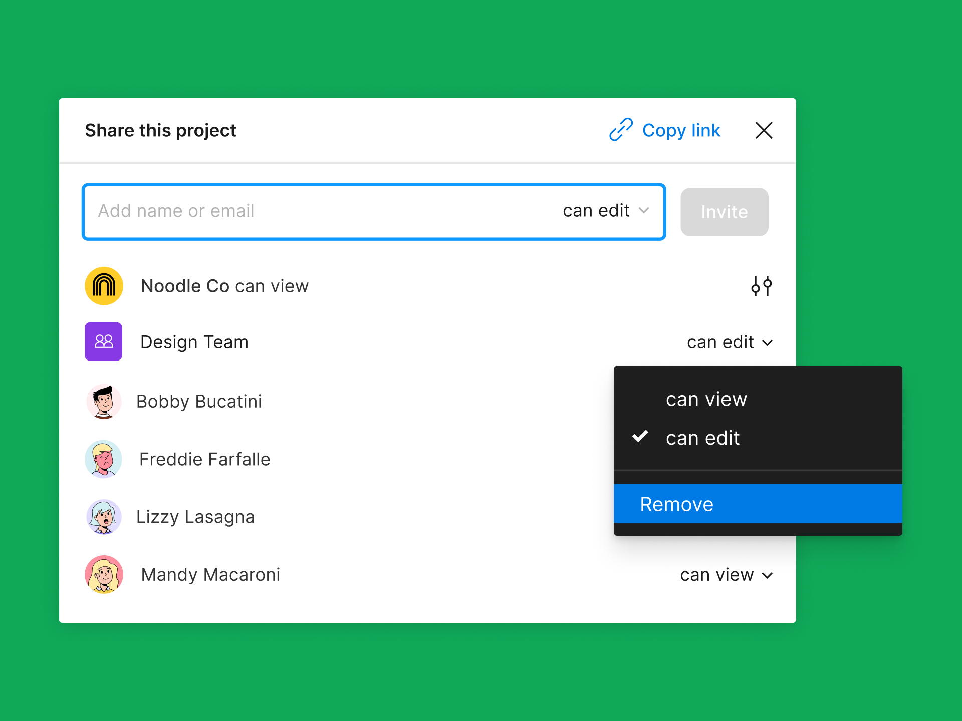 Share modal for a project with the team access options open