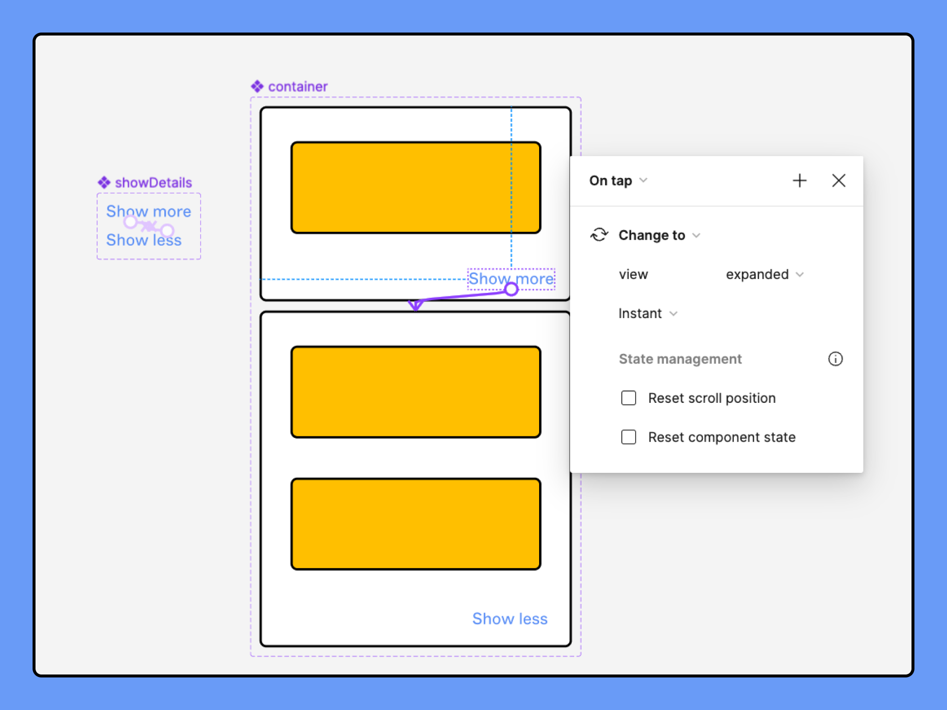 An example of using the Change to action on a nested instance to change parent variant.