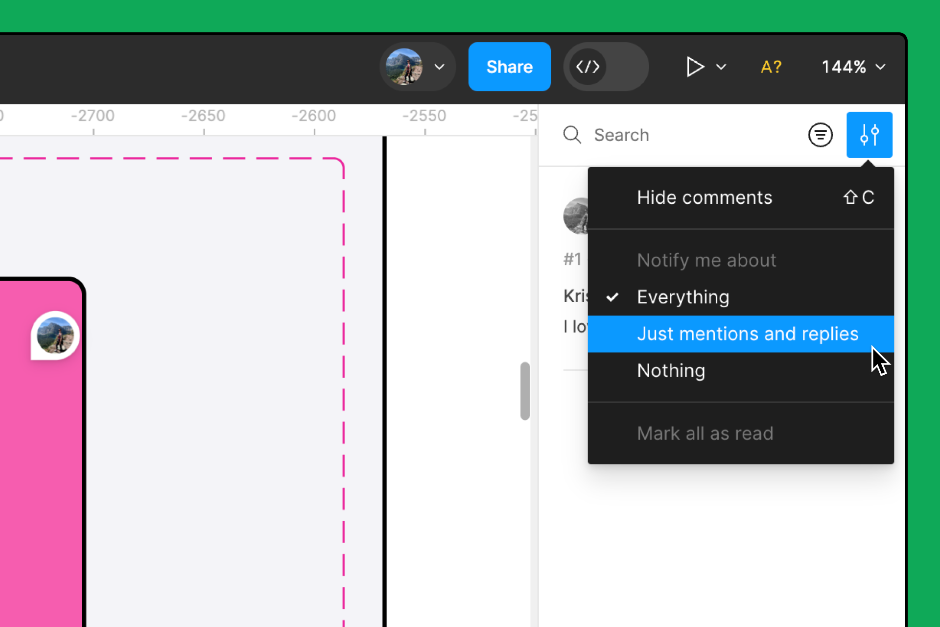 El menú desplegable de la configuración de comentarios en la barra lateral derecha de Figma Design. Un cursor situado sobre la opción Solo menciones y respuestas.