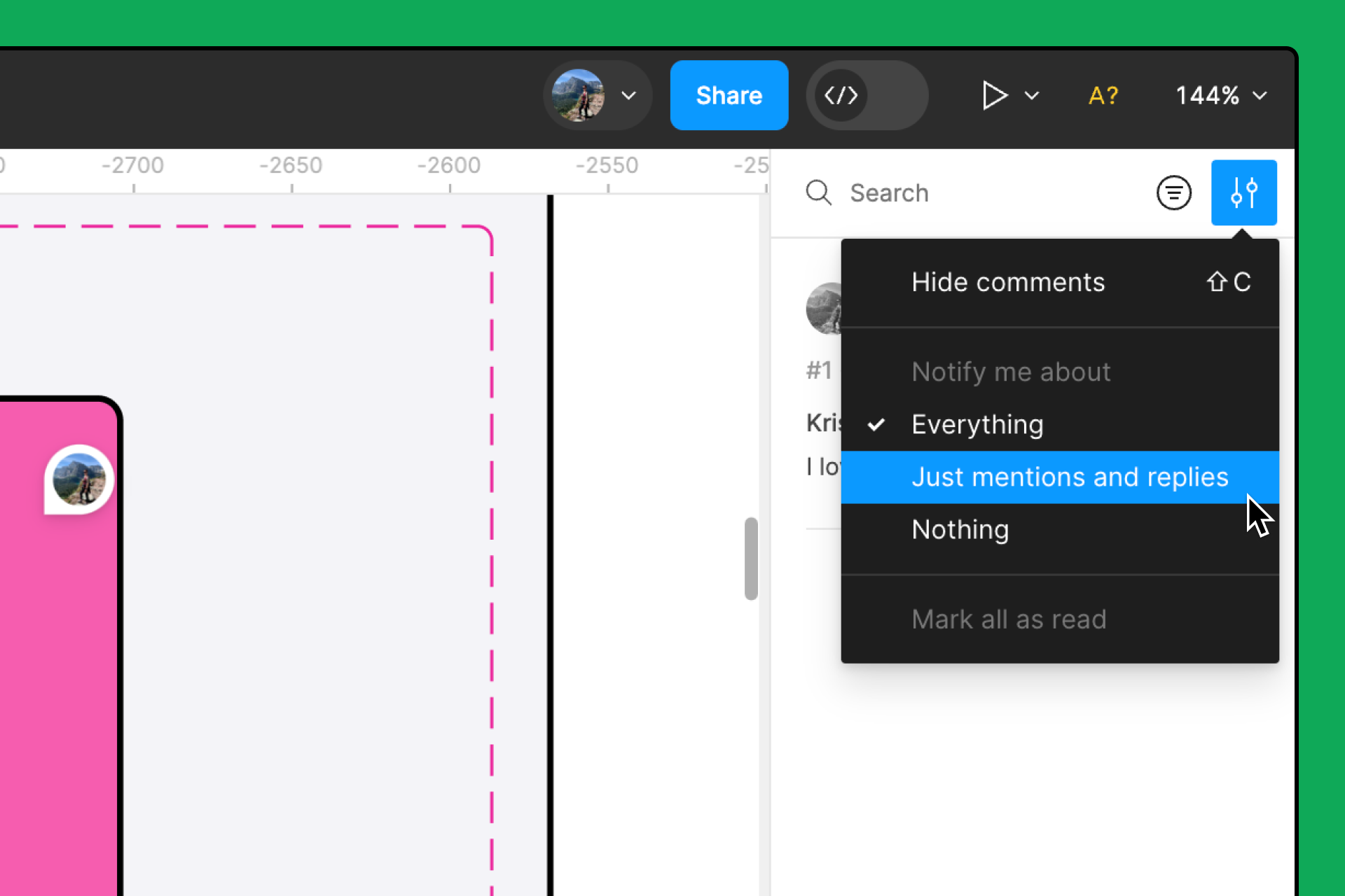 The comment settings dropdown in the right sidebar of Figma Design. A cursor is hovering over the Just mention and replies option.