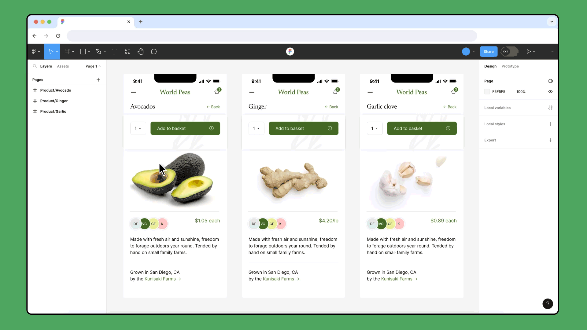 Three mobile frames containing product pages for different produce. Cursor selects a component containing quantity dropdown and add to basket button. Keyboard shortcut is used to select matching layers.