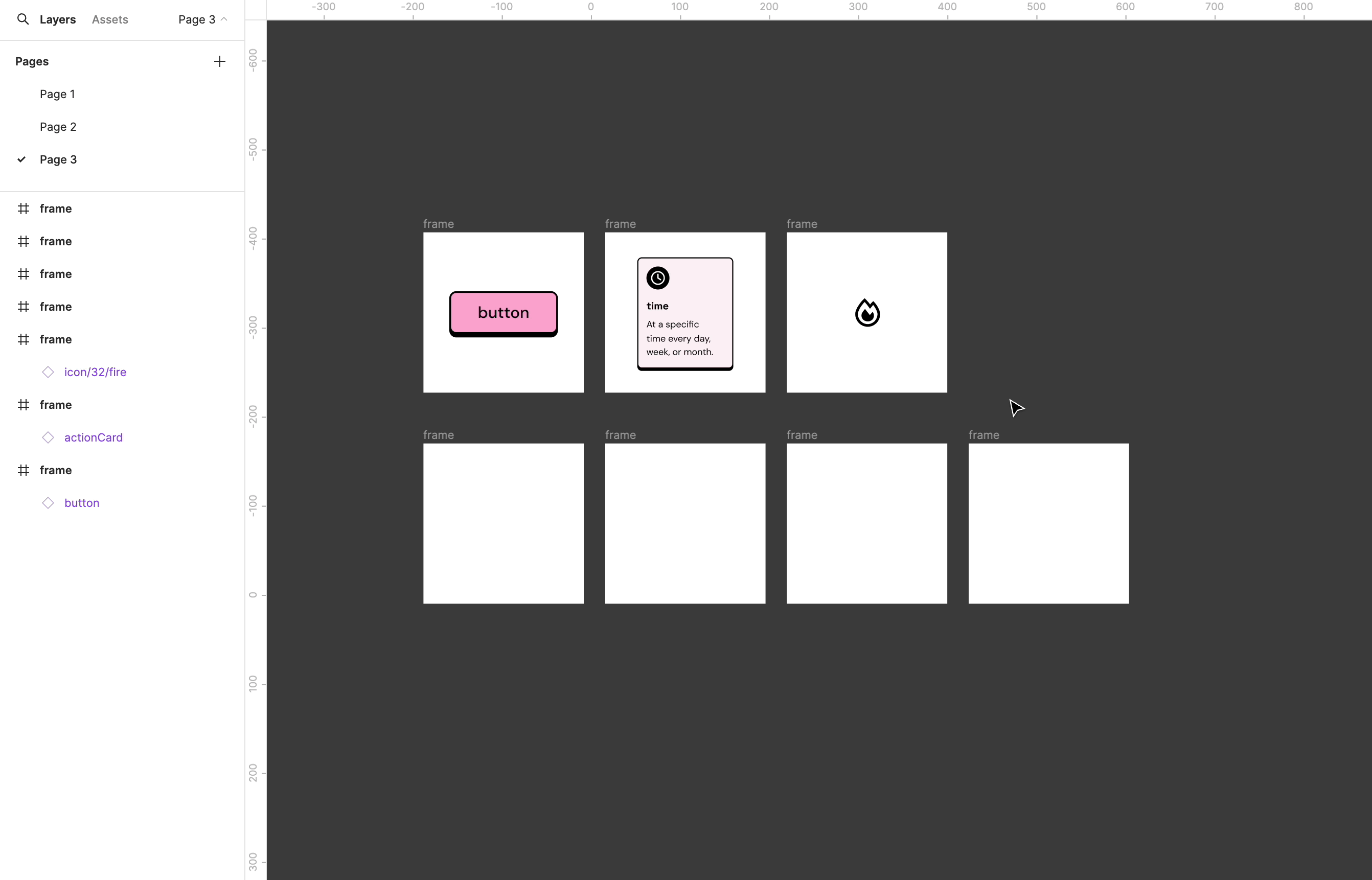 Three frames on the canvas. Each frame has one component, from left to right: A button, a card, and an icon. A cursor selects all three components and copies them. Then it selects four empty frames and pastes the objects. Each empty frame receives one component in this order: button, card, icon, then button.